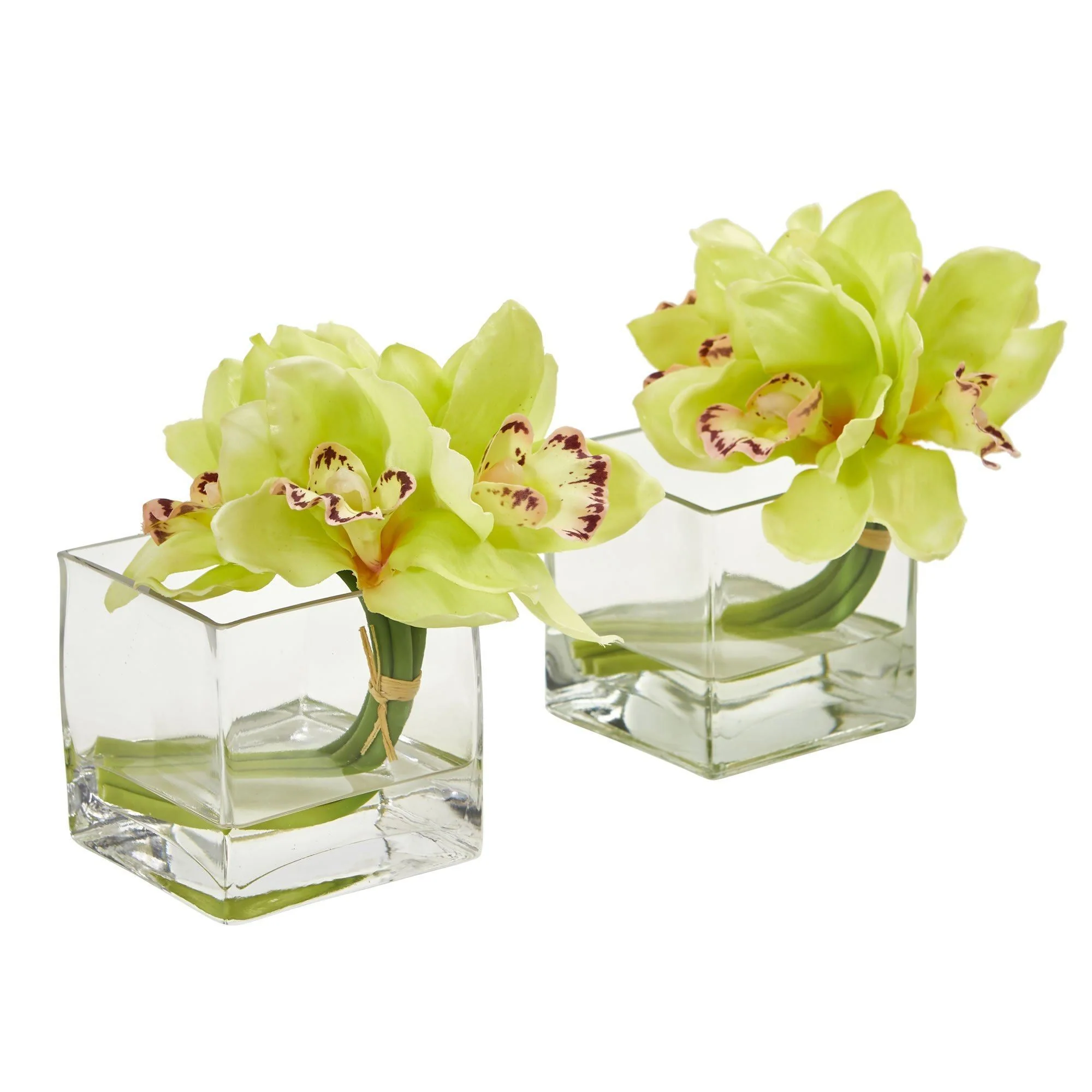 Cymbidium Orchid Artificial Arrangement in Glass Vase (Set of 2) - Image 2
