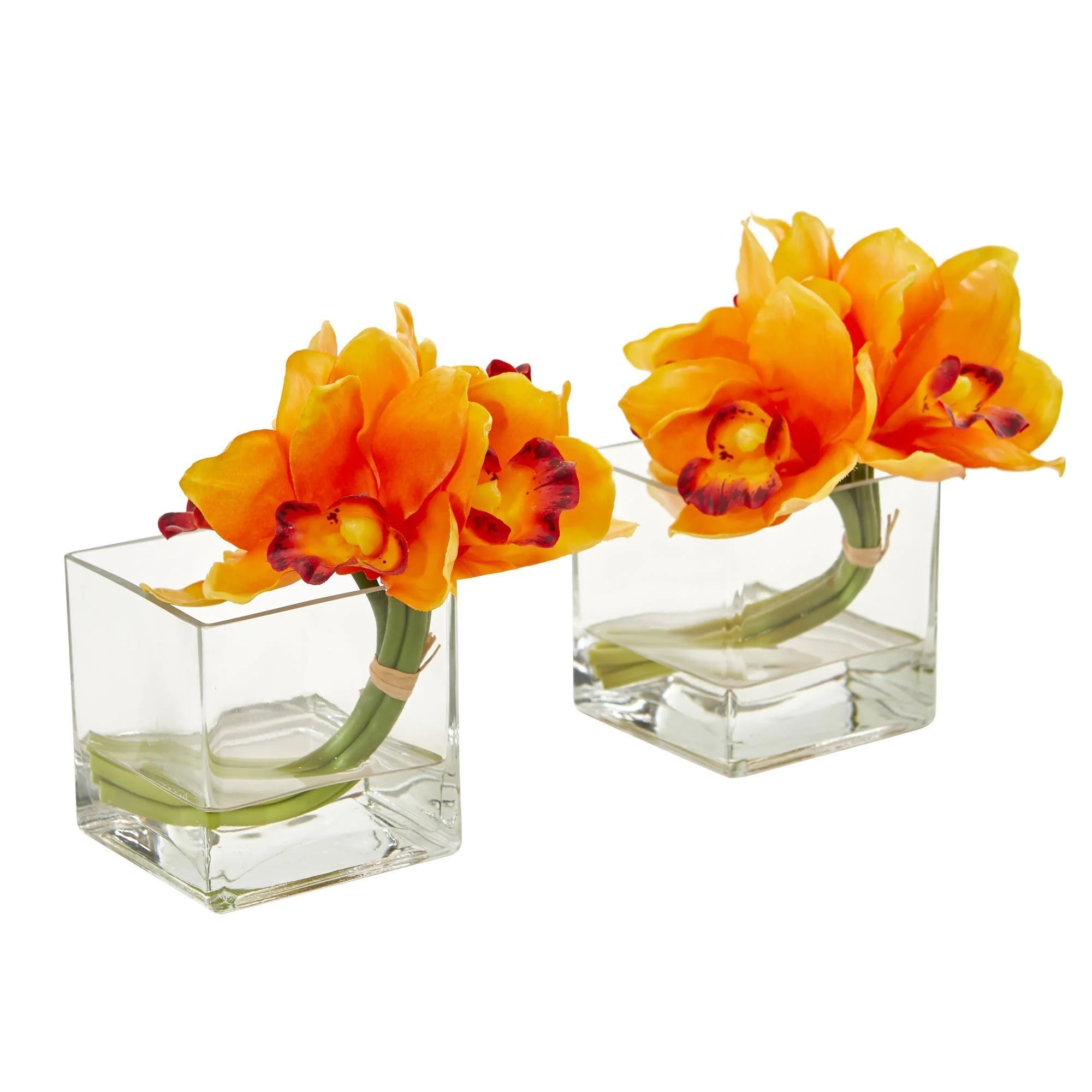 Cymbidium Orchid Artificial Arrangement in Glass Vase (Set of 2) - Image 4