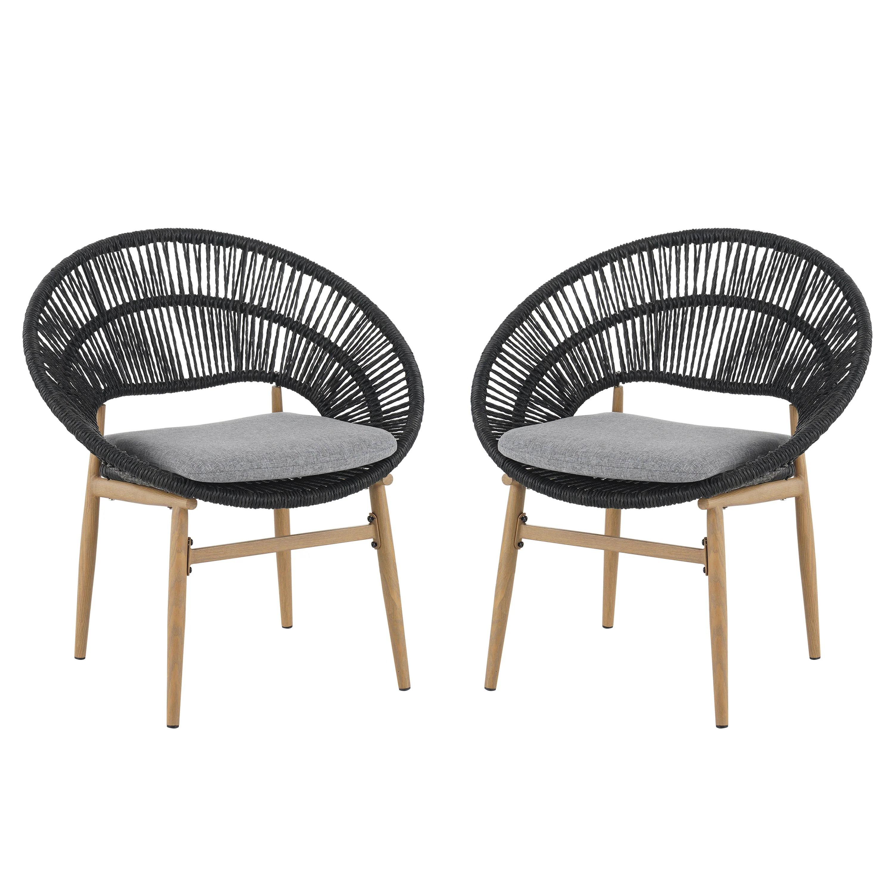 Cyril Outdoor Wicker Papasan Style Dining Chair with Teak Finished Leg and Dark Gray Faux Rattan - Set of 2