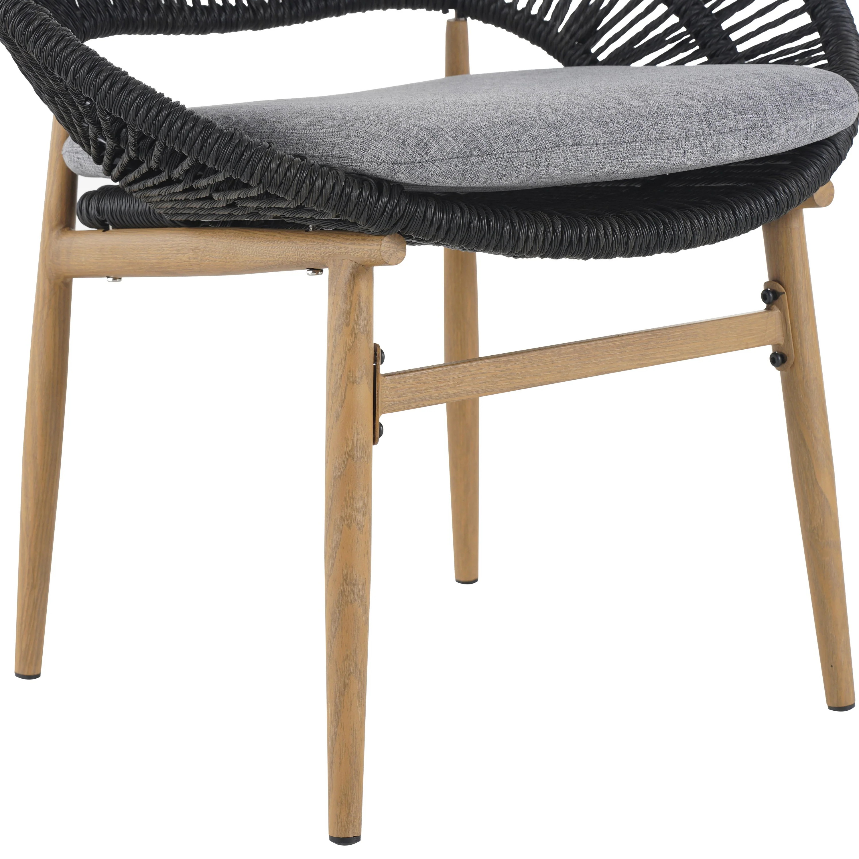 Cyril Outdoor Wicker Papasan Style Dining Chair with Teak Finished Leg and Dark Gray Faux Rattan - Set of 2 - Image 11