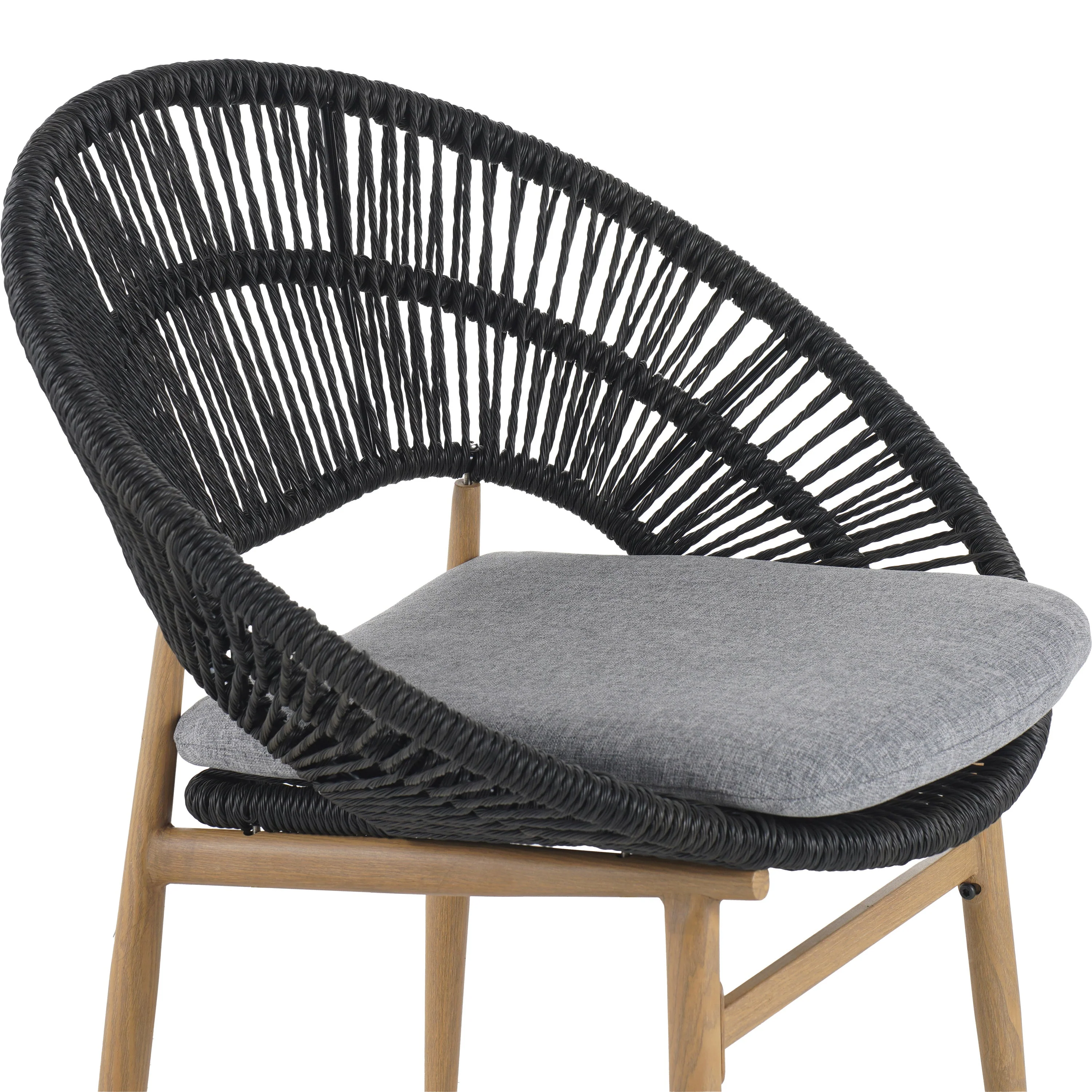 Cyril Outdoor Wicker Papasan Style Dining Chair with Teak Finished Leg and Dark Gray Faux Rattan - Set of 2 - Image 13