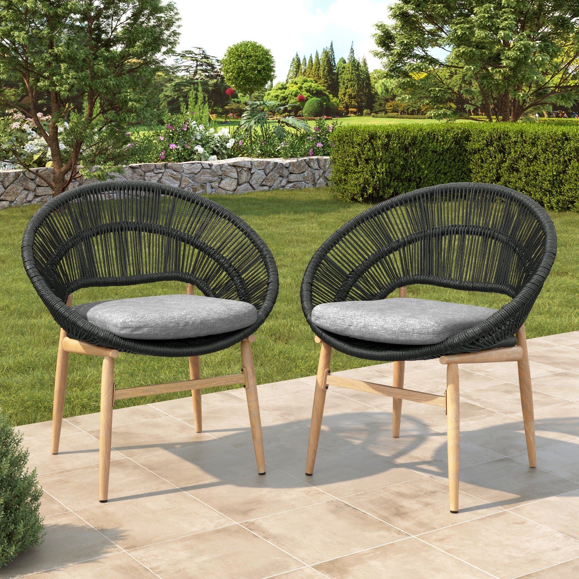Cyril Outdoor Wicker Papasan Style Dining Chair with Teak Finished Leg and Dark Gray Faux Rattan - Set of 2 - Image 2