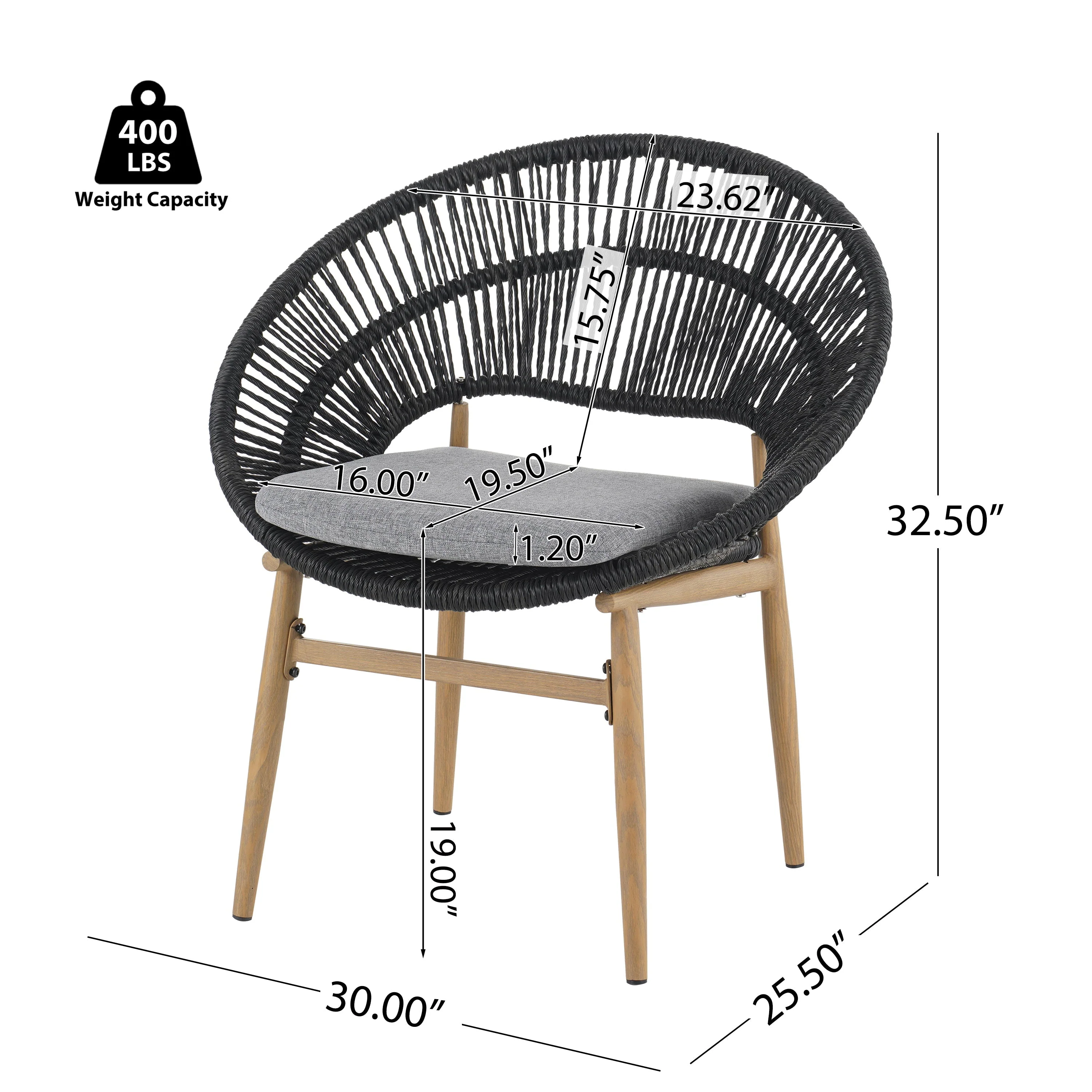 Cyril Outdoor Wicker Papasan Style Dining Chair with Teak Finished Leg and Dark Gray Faux Rattan - Set of 2 - Image 3
