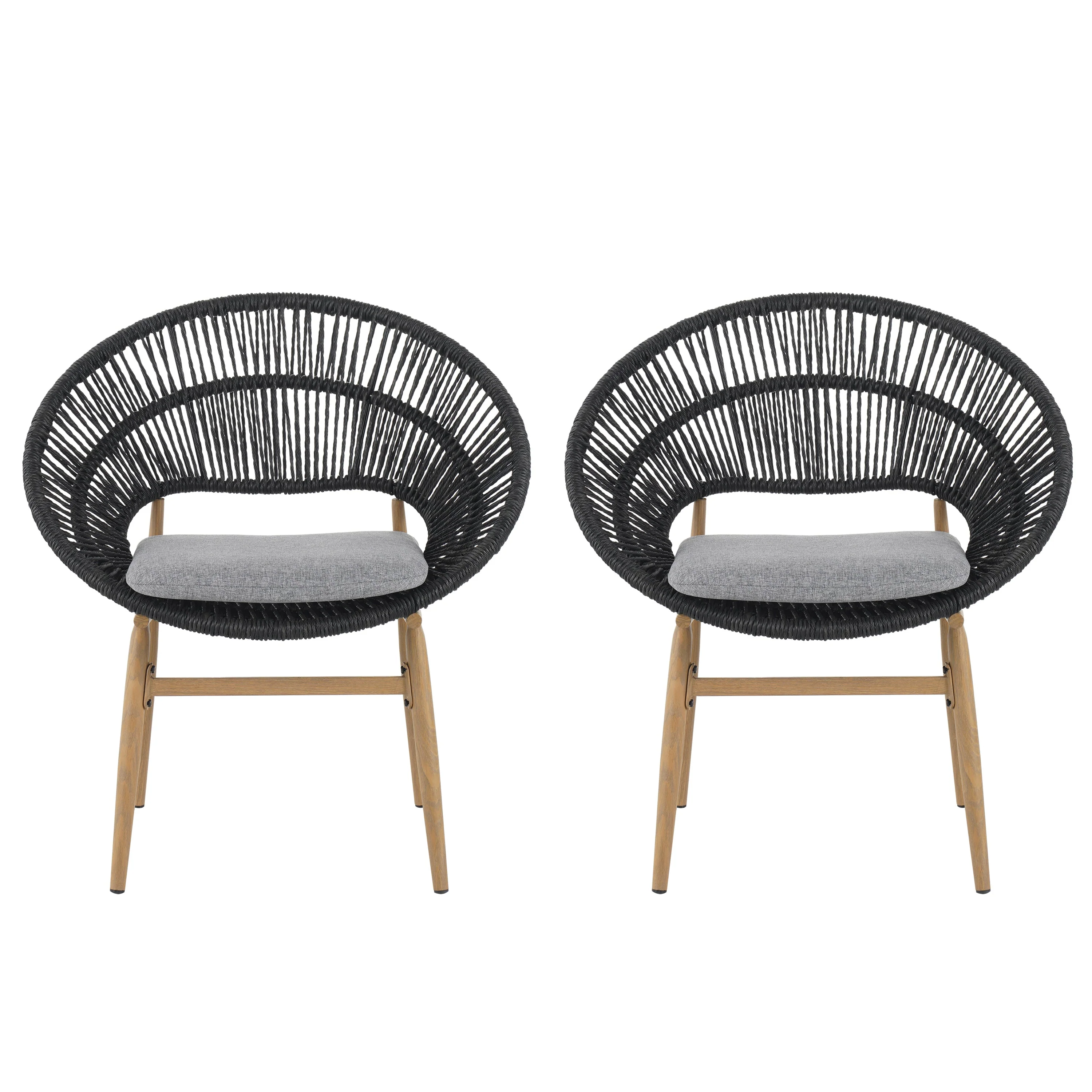 Cyril Outdoor Wicker Papasan Style Dining Chair with Teak Finished Leg and Dark Gray Faux Rattan - Set of 2 - Image 4