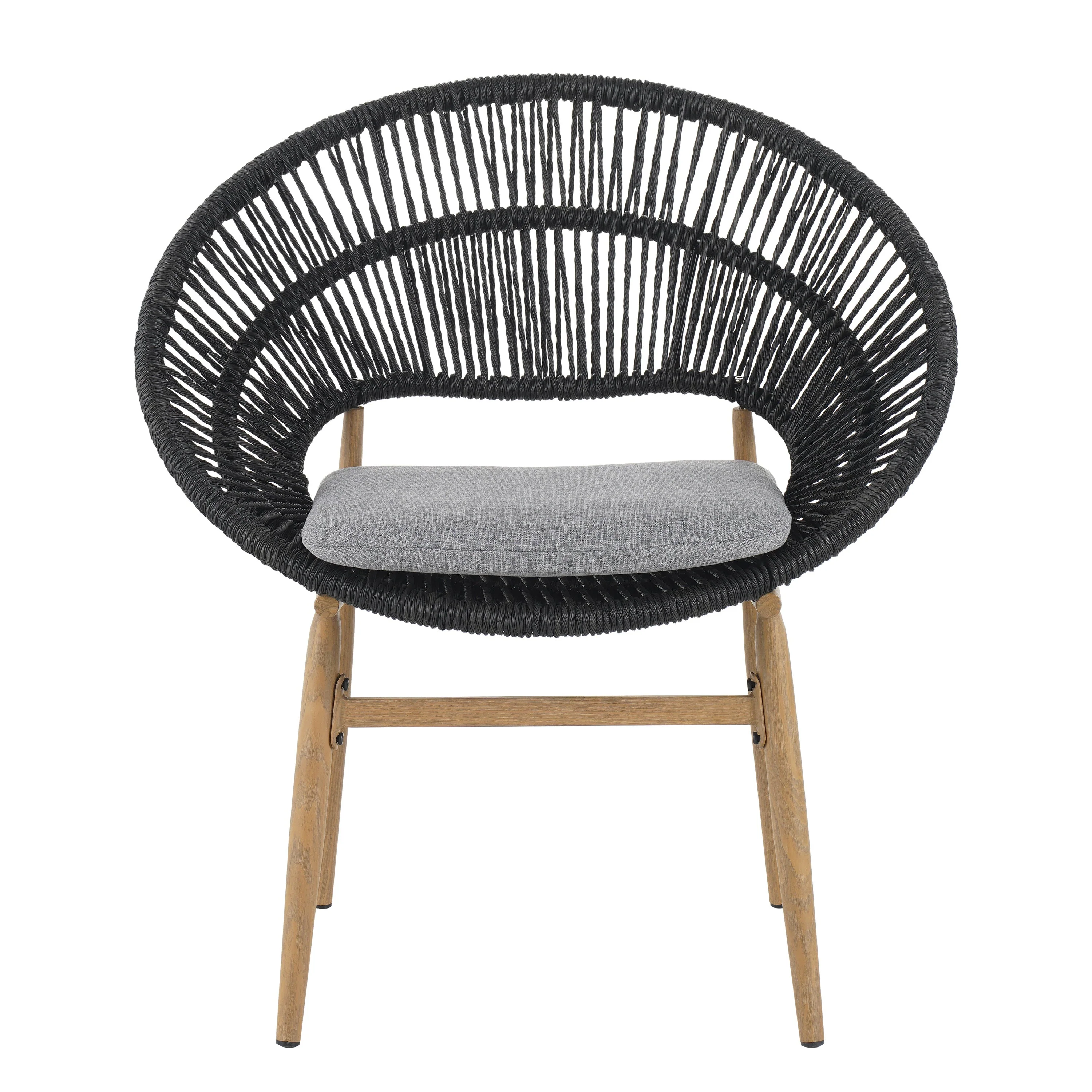 Cyril Outdoor Wicker Papasan Style Dining Chair with Teak Finished Leg and Dark Gray Faux Rattan - Set of 2 - Image 5