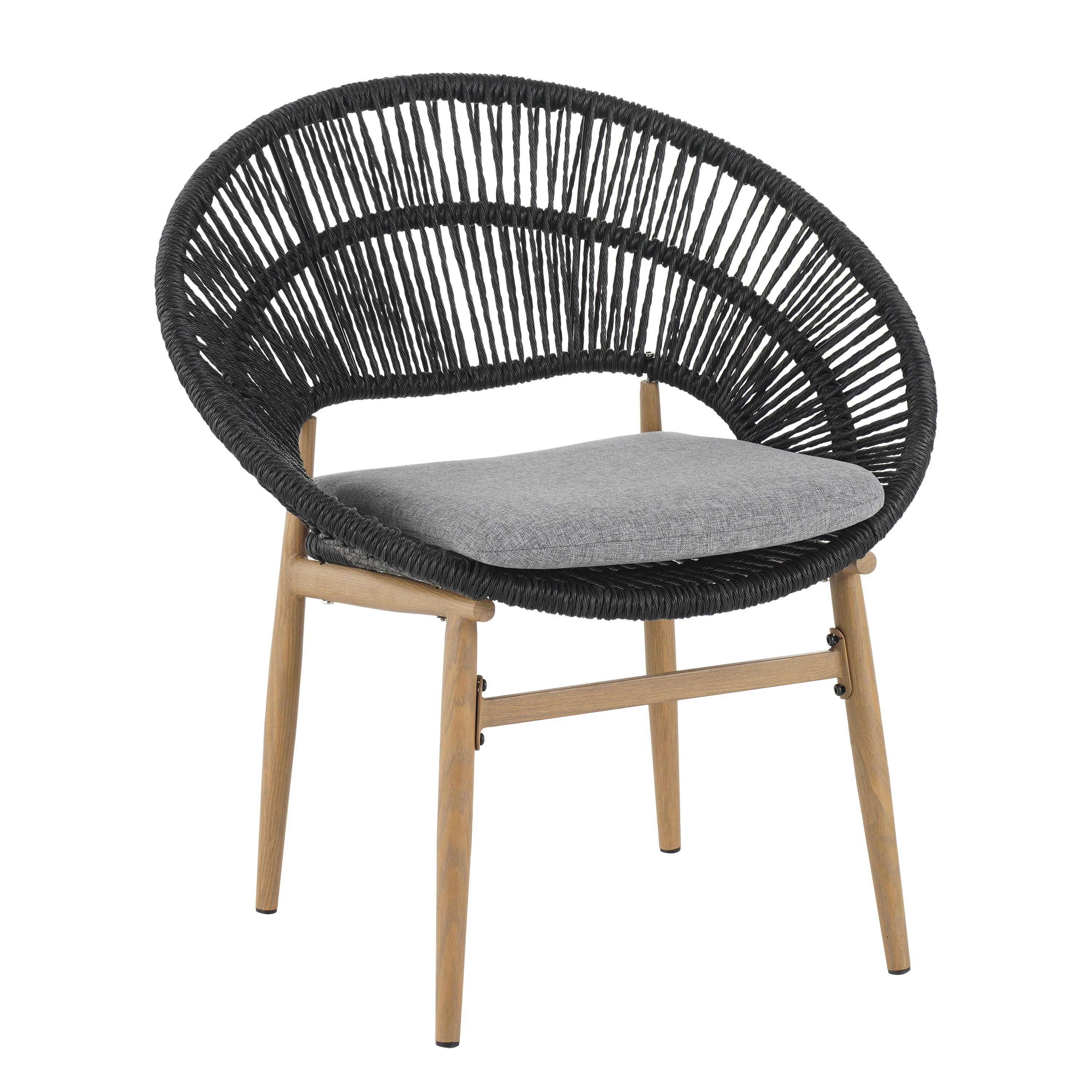 Cyril Outdoor Wicker Papasan Style Dining Chair with Teak Finished Leg and Dark Gray Faux Rattan - Set of 2 - Image 6