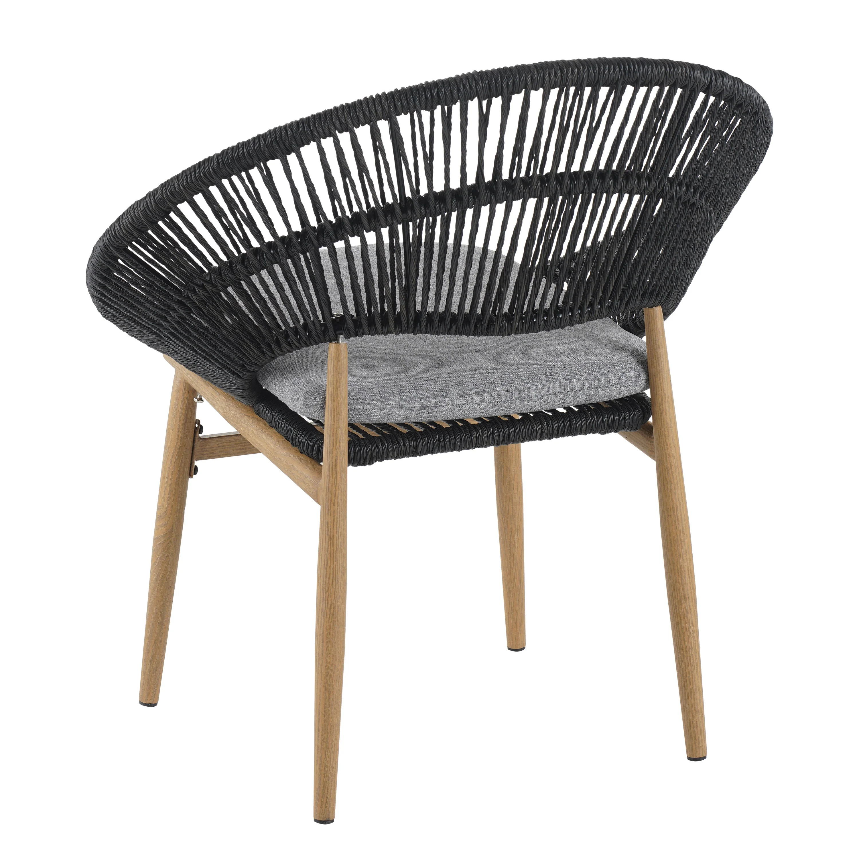 Cyril Outdoor Wicker Papasan Style Dining Chair with Teak Finished Leg and Dark Gray Faux Rattan - Set of 2 - Image 8