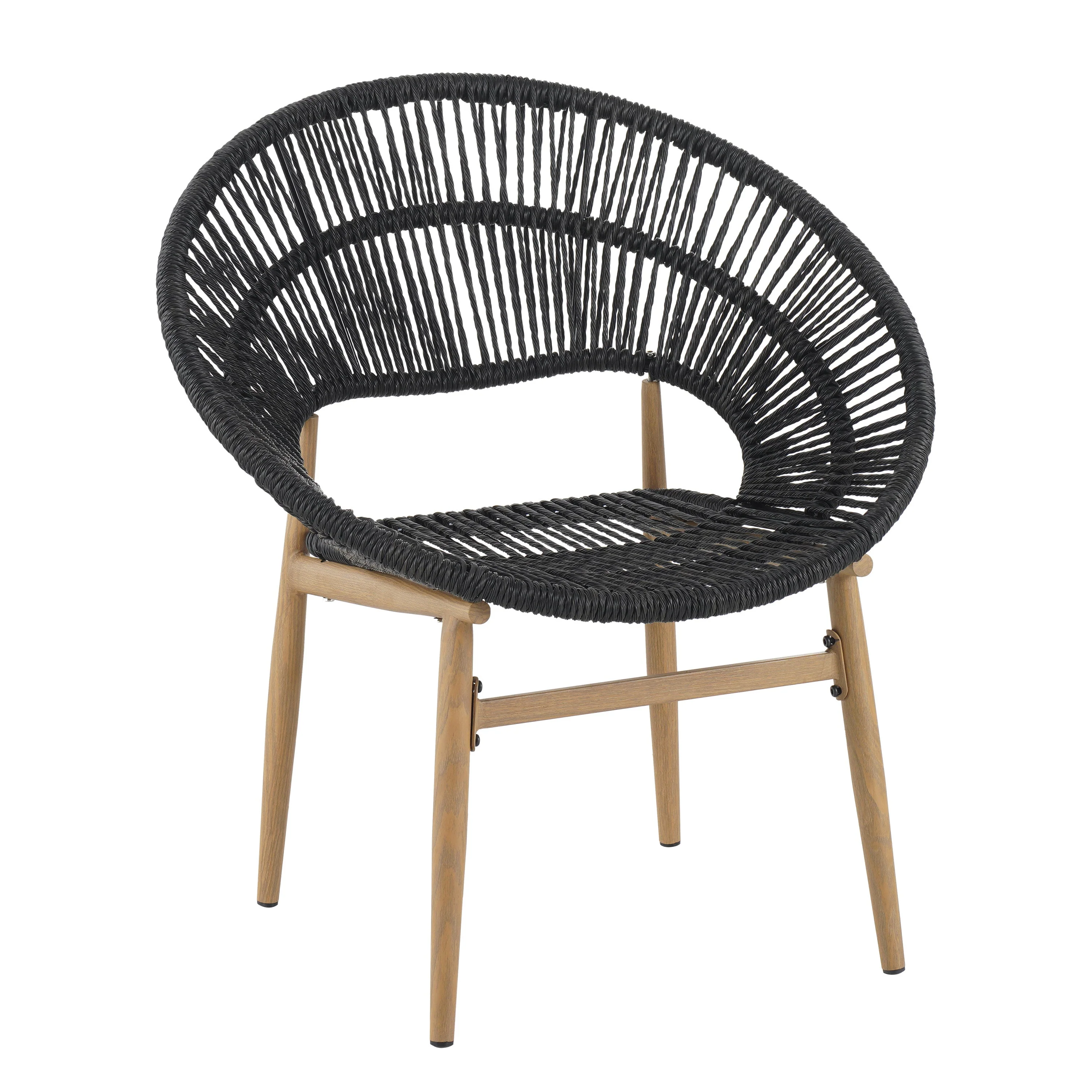 Cyril Outdoor Wicker Papasan Style Dining Chair with Teak Finished Leg and Dark Gray Faux Rattan - Set of 2 - Image 9