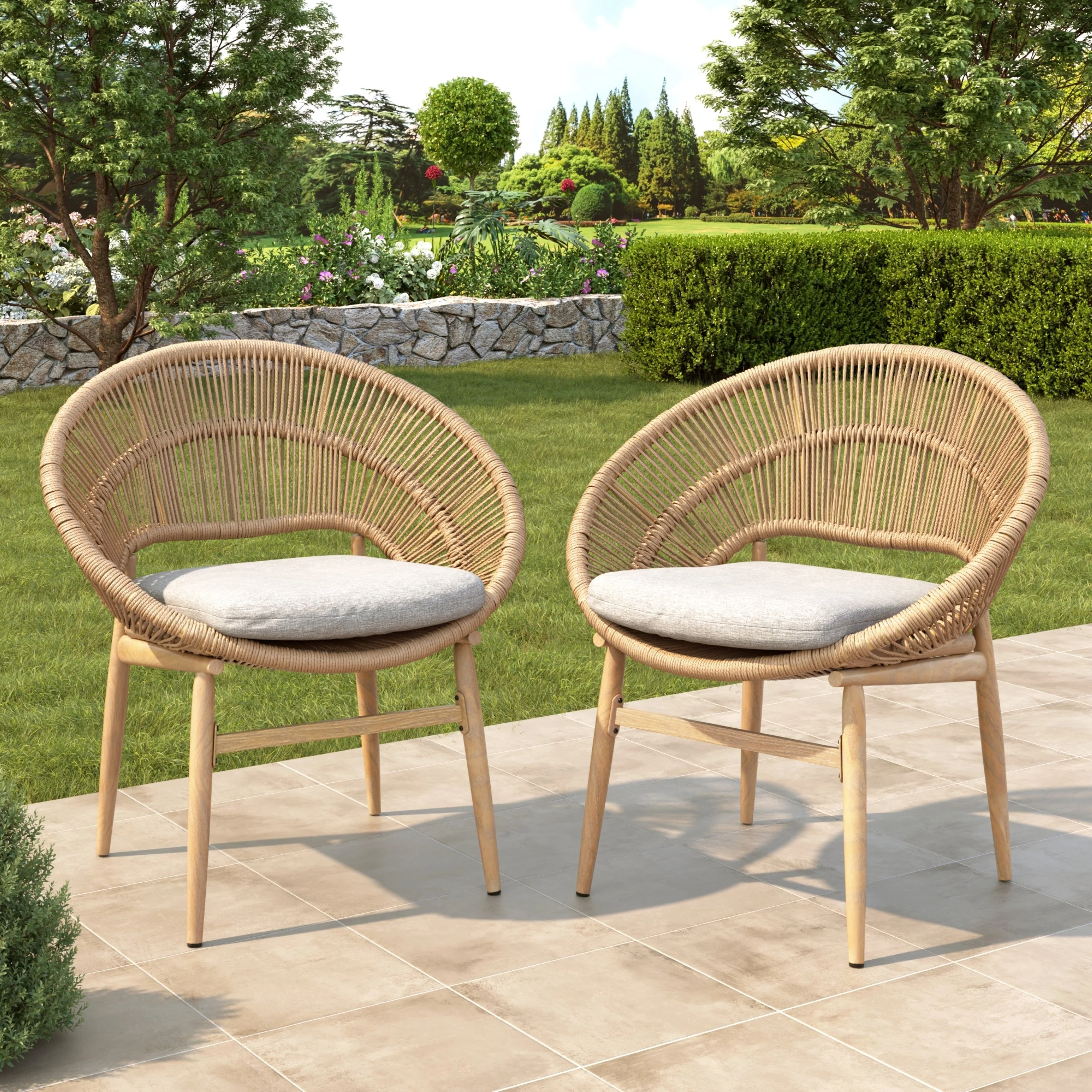 Cyril Outdoor Wicker Papasan Style Dining Chair with Teak Finished Legs - Set of 2 - Image 2