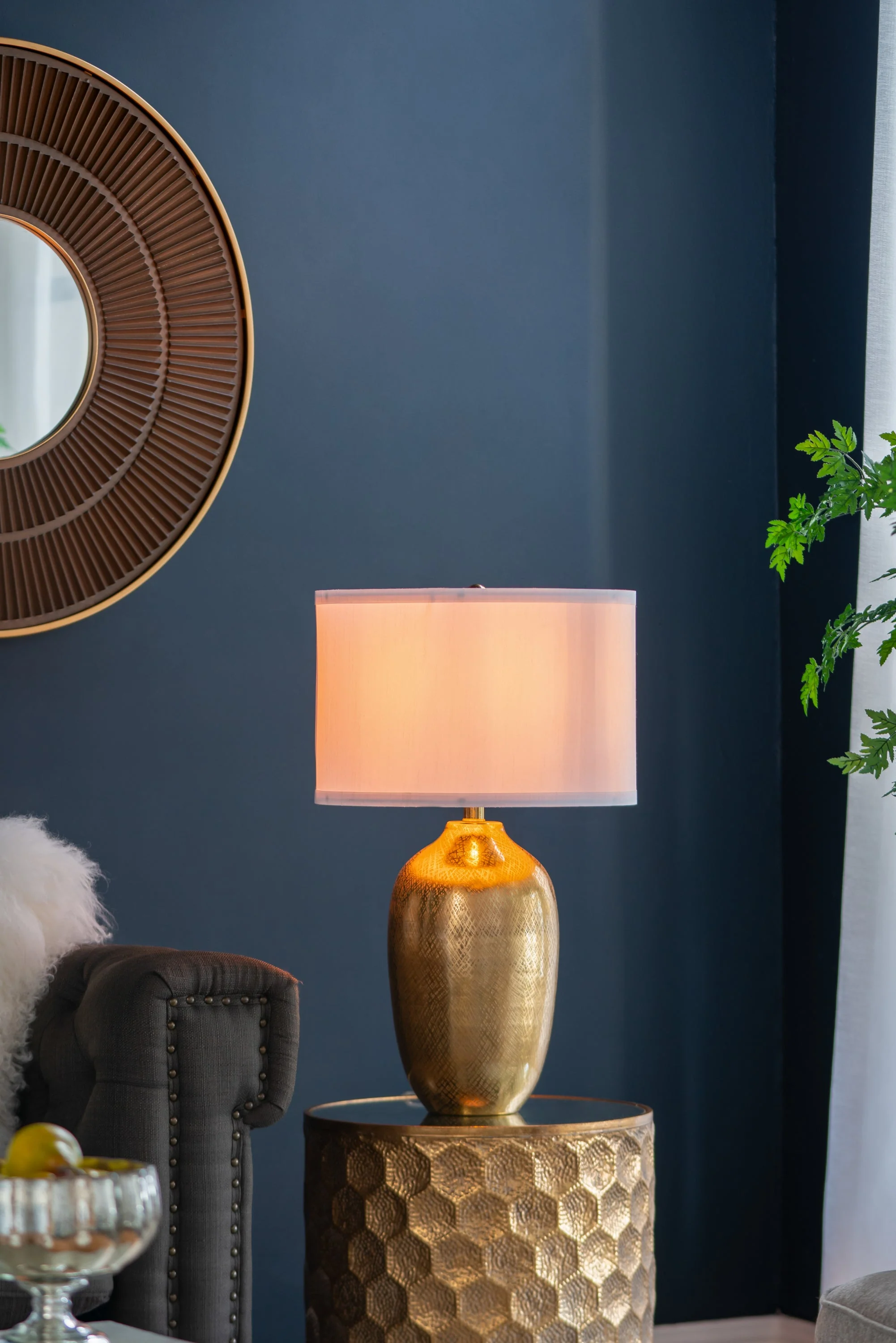 D15x25.7' Round Aluminum Sheet Gold Table Lamp with White Fabric Shade - Image 14