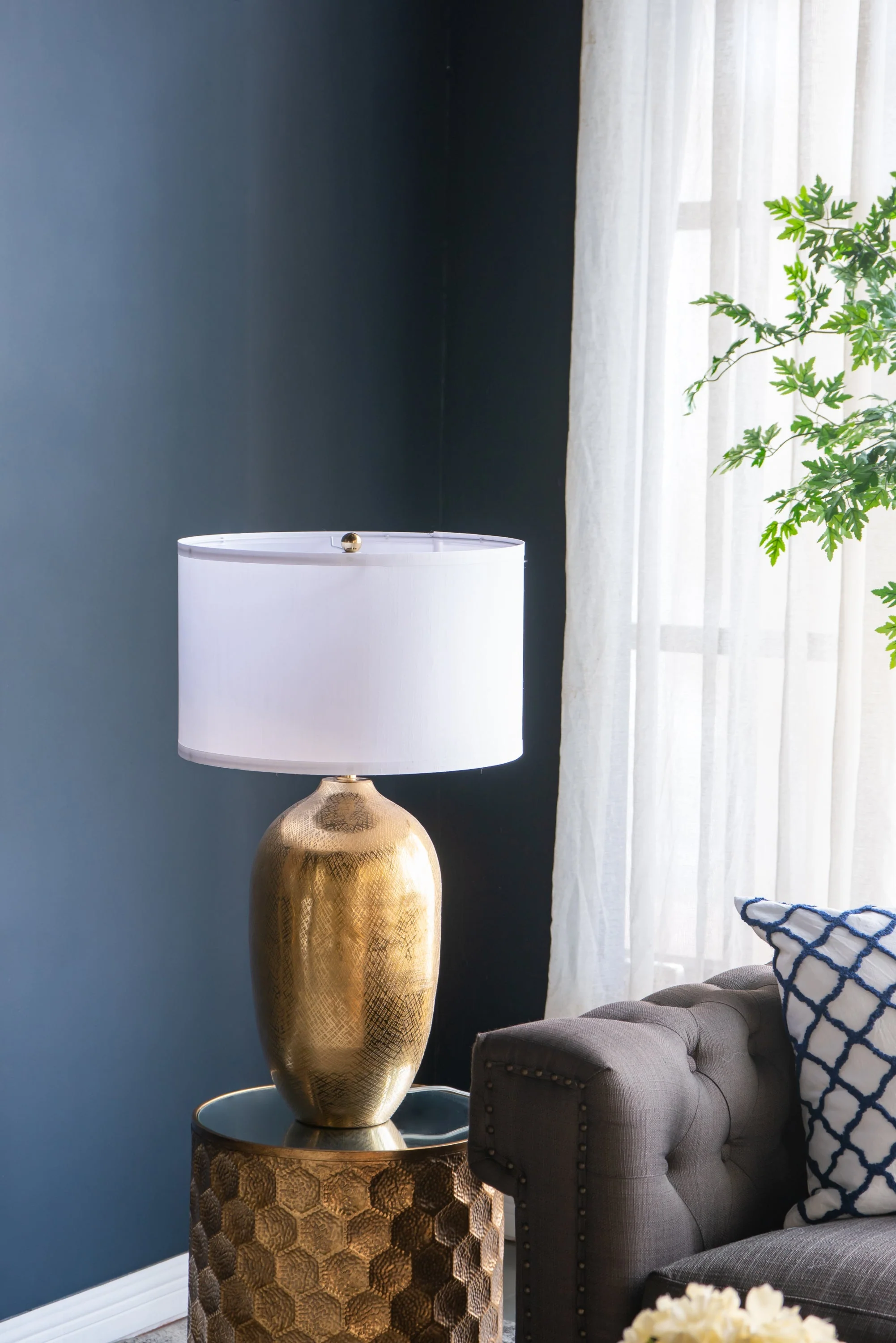 D15x25.7' Round Aluminum Sheet Gold Table Lamp with White Fabric Shade - Image 15