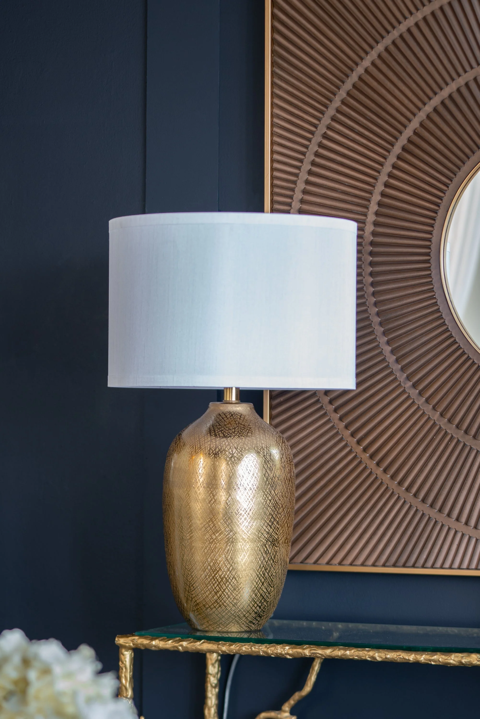 D15x25.7' Round Aluminum Sheet Gold Table Lamp with White Fabric Shade - Image 2