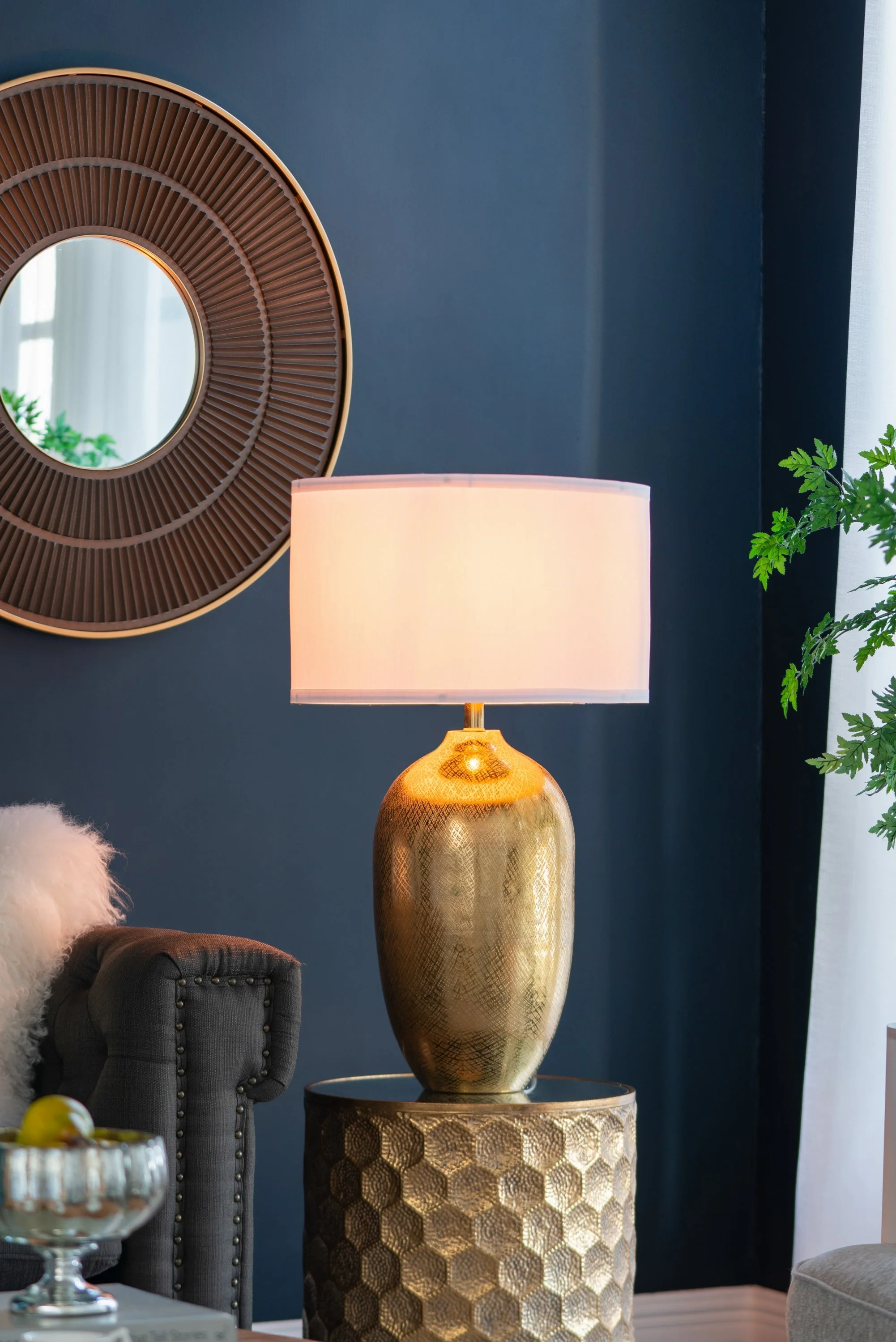 D18x31" Round Aluminum Sheet Gold Table Lamp with White Fabric Shade - Image 11