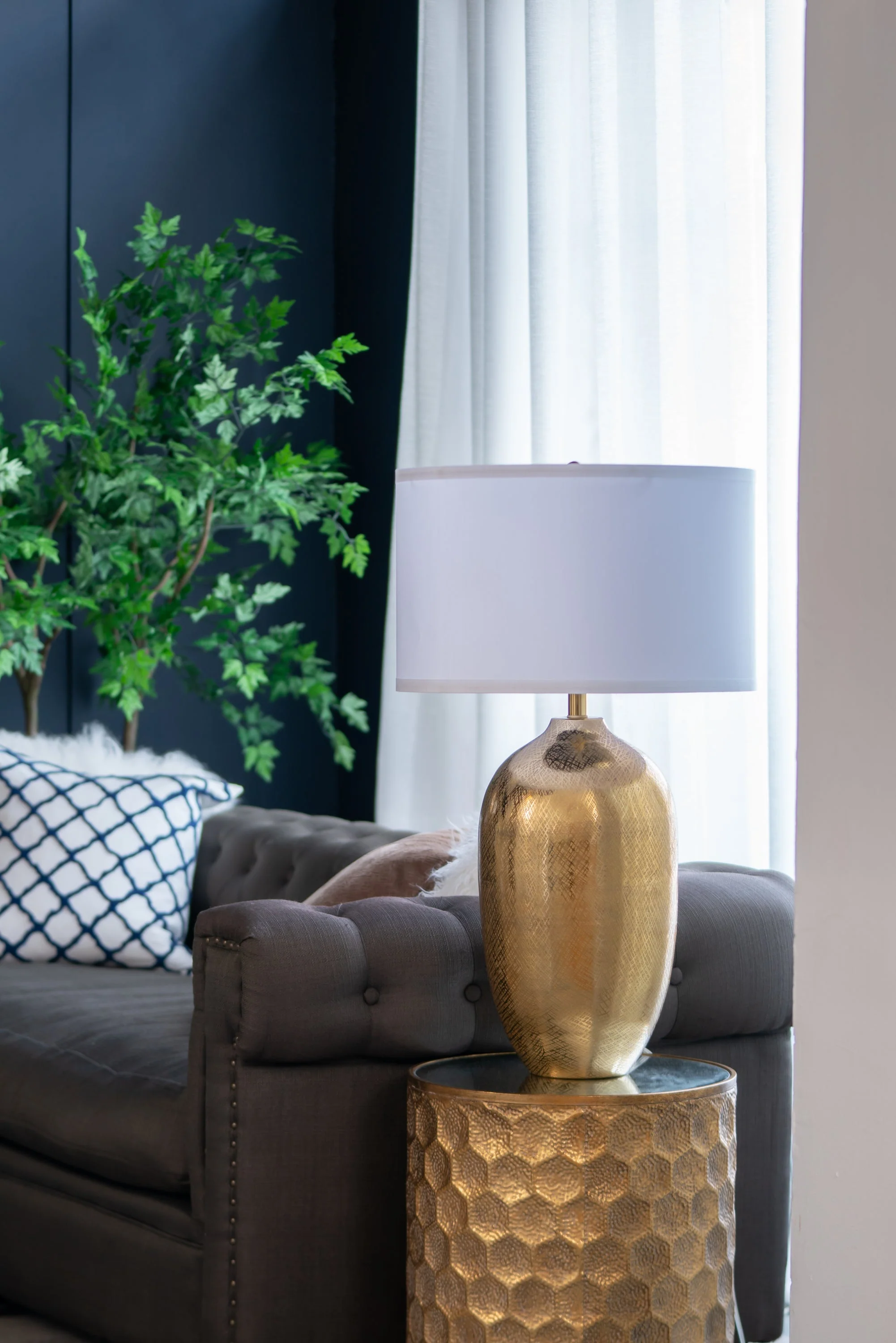 D18x31" Round Aluminum Sheet Gold Table Lamp with White Fabric Shade - Image 14