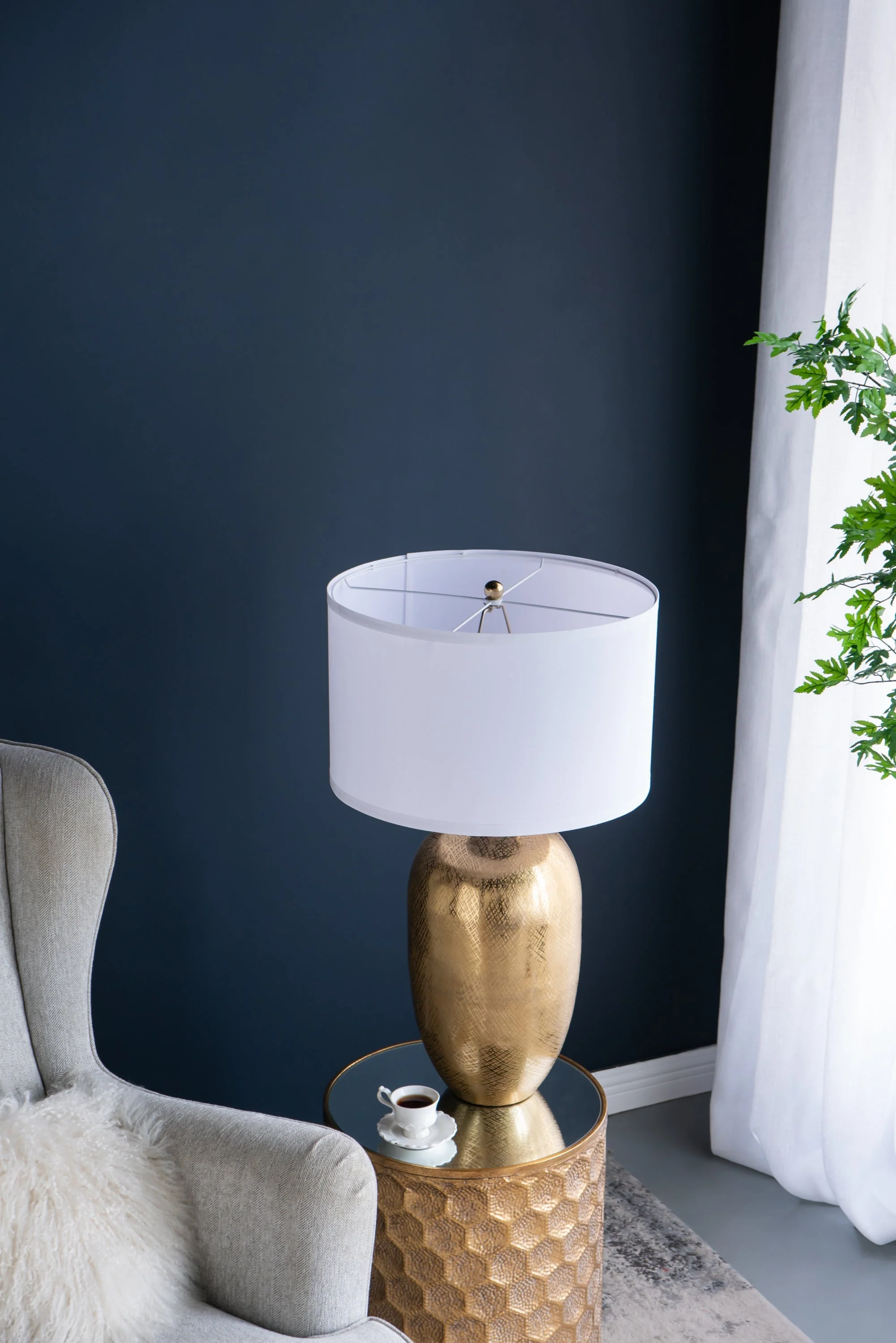 D18x31" Round Aluminum Sheet Gold Table Lamp with White Fabric Shade - Image 15