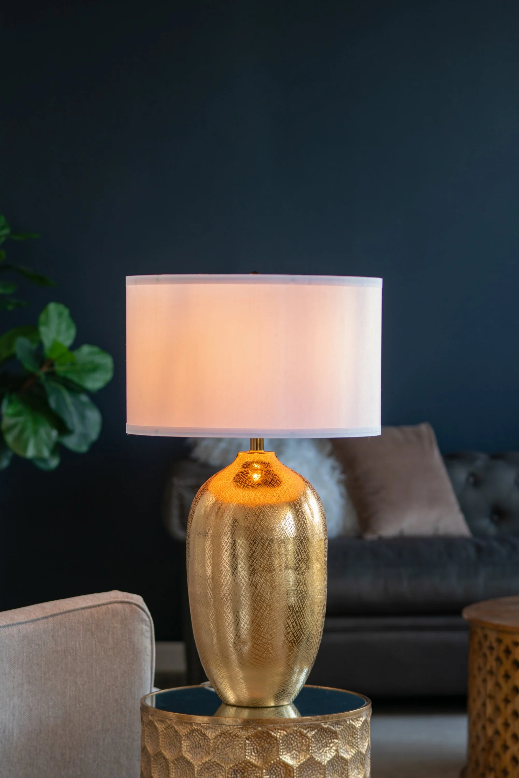 D18x31" Round Aluminum Sheet Gold Table Lamp with White Fabric Shade - Image 2