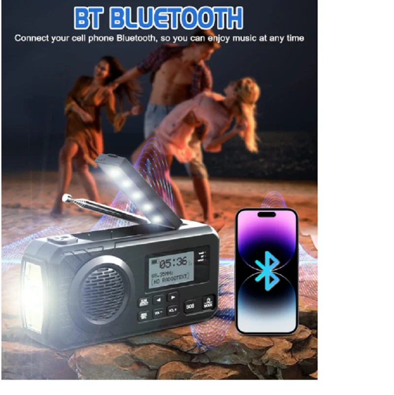 DAB+ Emergency Hand Crank Solar Radio Bluetooth Power Bank SOS Reading Lamp - Image 2