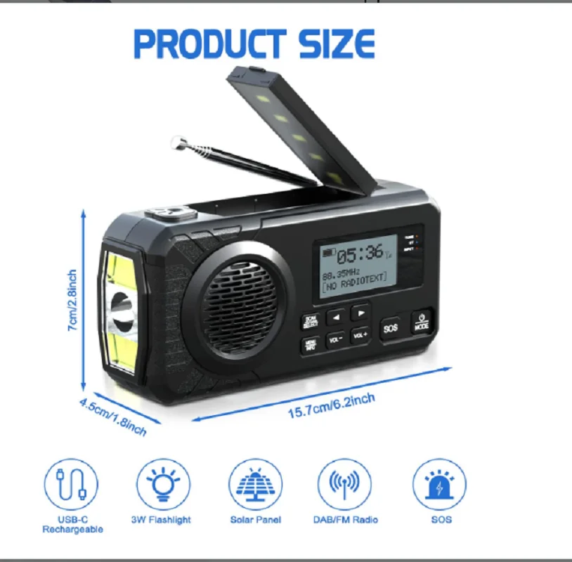 DAB+ Emergency Hand Crank Solar Radio Bluetooth Power Bank SOS Reading Lamp - Image 3