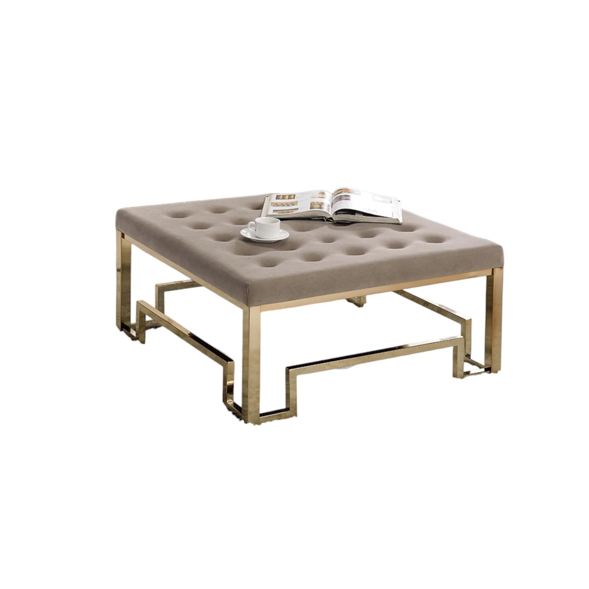 Damien Beige Fabric & Champagne Finish Cocktail Ottoman - Image 3