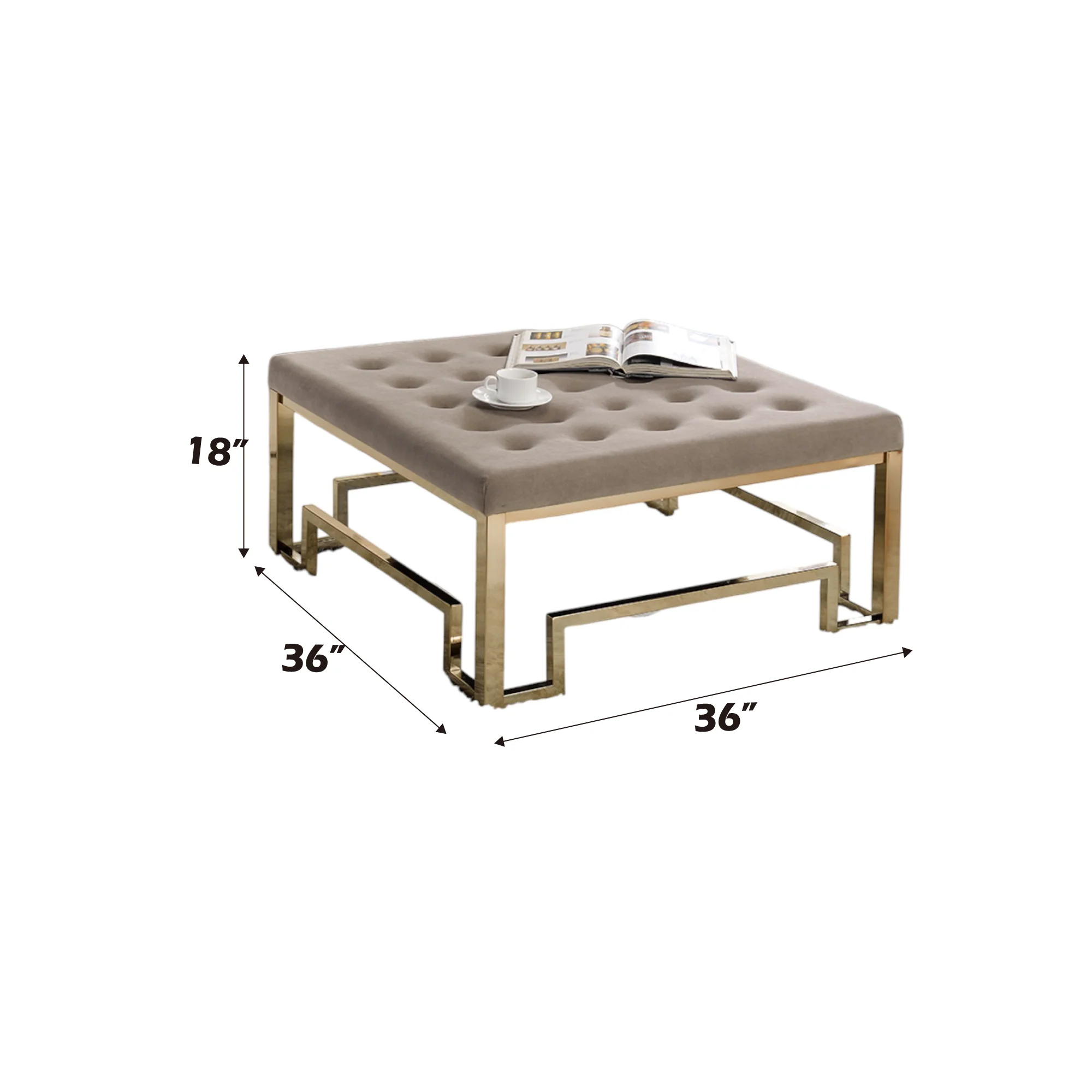 Damien Beige Fabric & Champagne Finish Cocktail Ottoman - Image 4