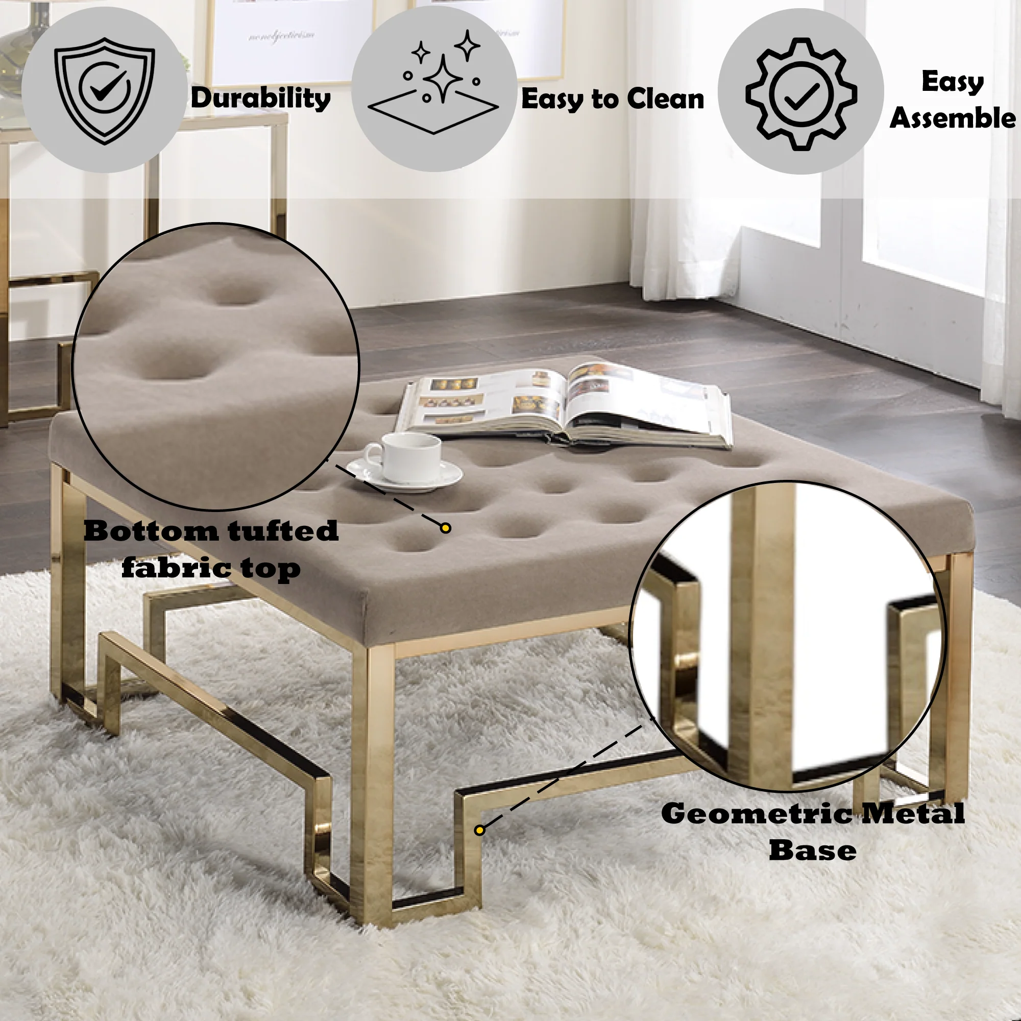 Damien Beige Fabric & Champagne Finish Cocktail Ottoman - Image 5