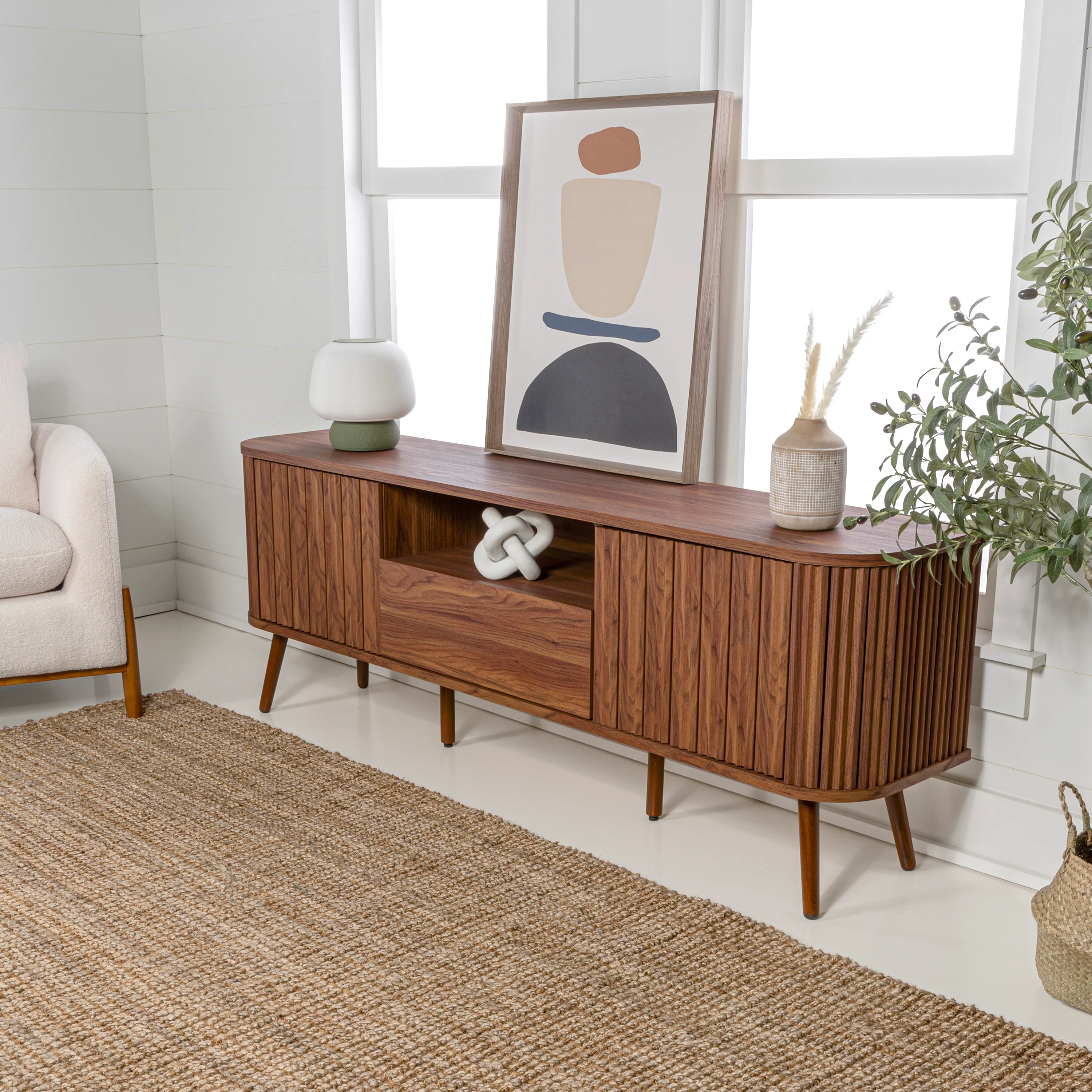 Damien Farmhouse Curved TV Stand with Drawer and Storage Doors Fits TVs up to 75 in. with Cable Management - Image 3