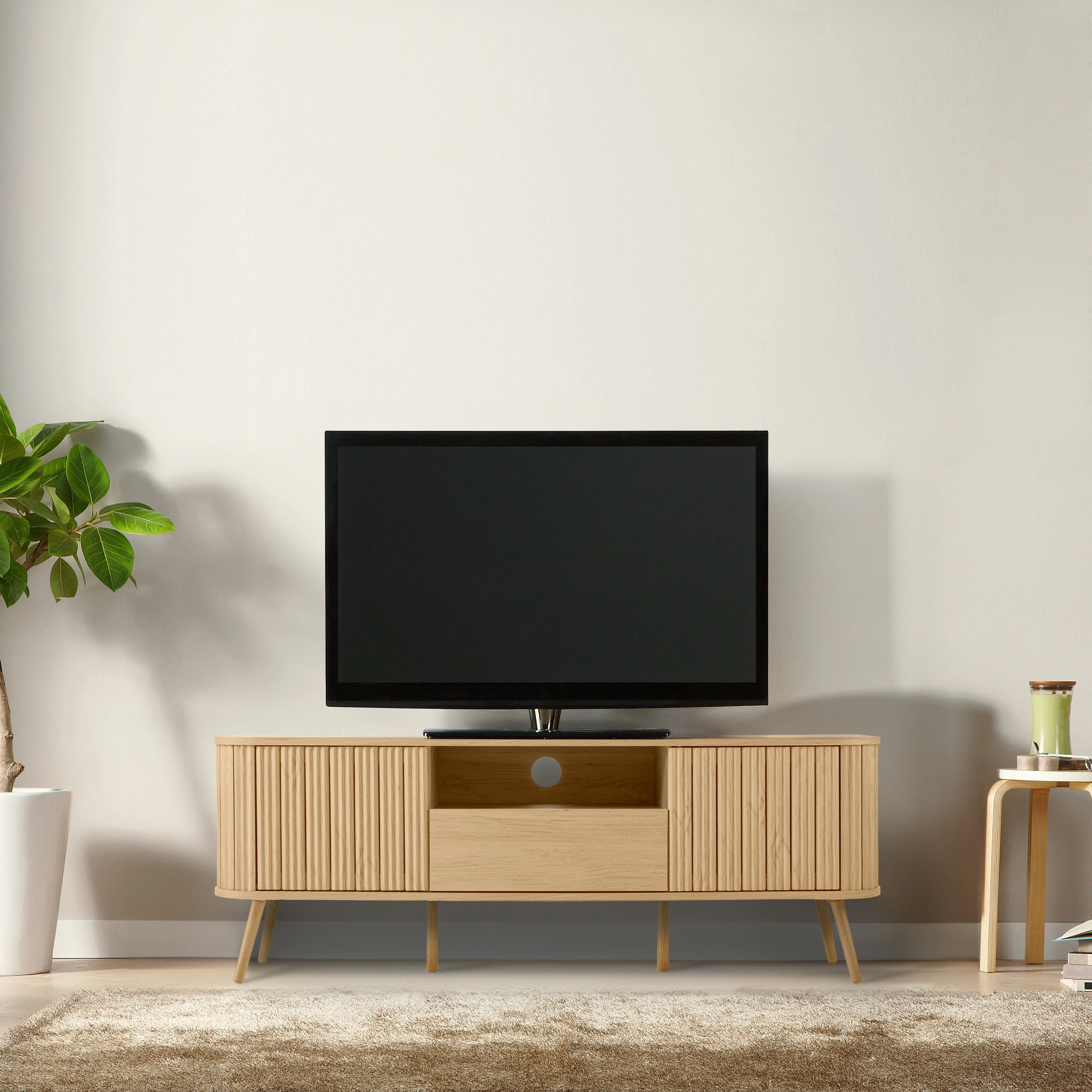 Damien Farmhouse Curved TV Stand with Drawer and Storage Doors Fits TVs up to 75 in. with Cable Management - Image 5