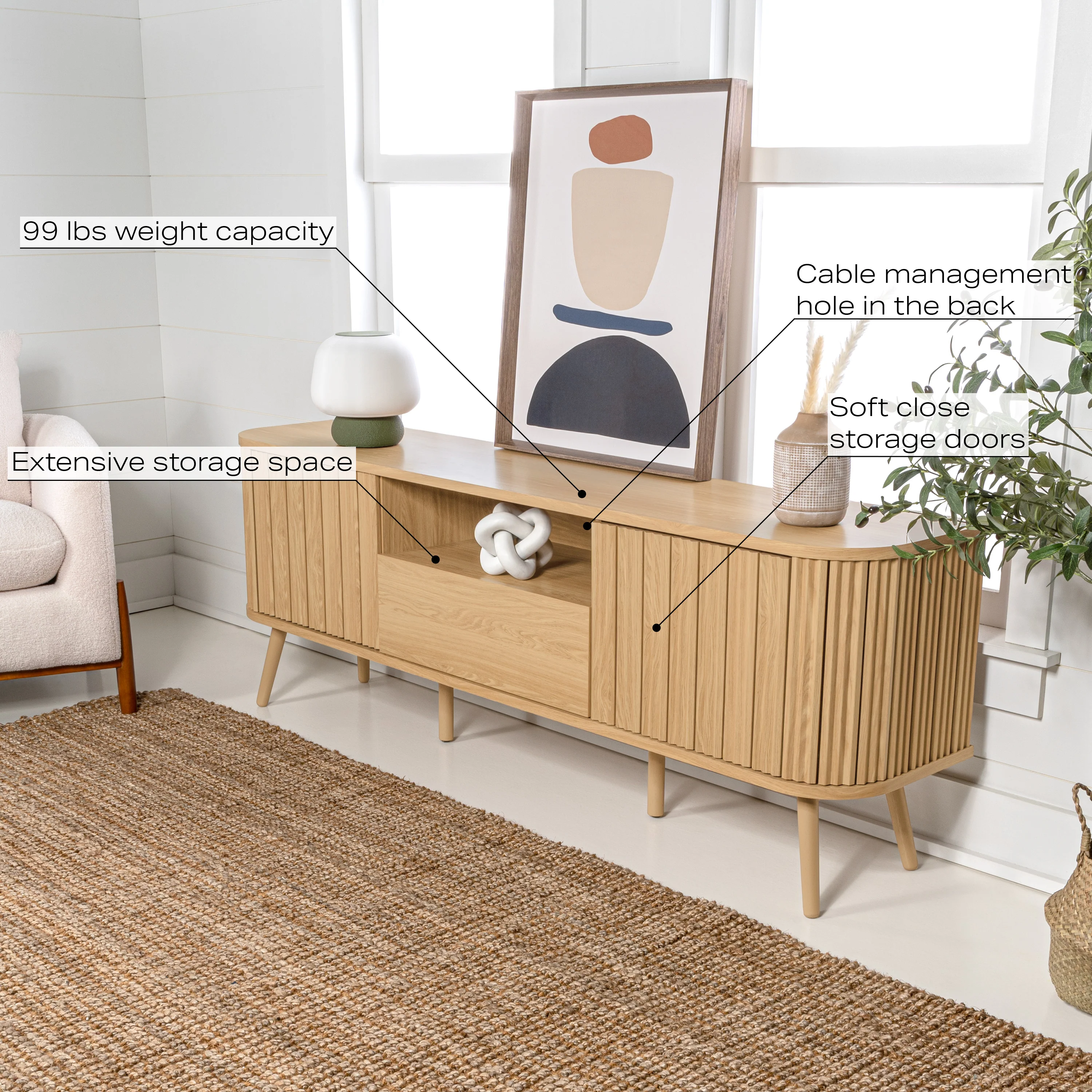 Damien Farmhouse Curved TV Stand with Drawer and Storage Doors Fits TVs up to 75 in. with Cable Management - Image 6