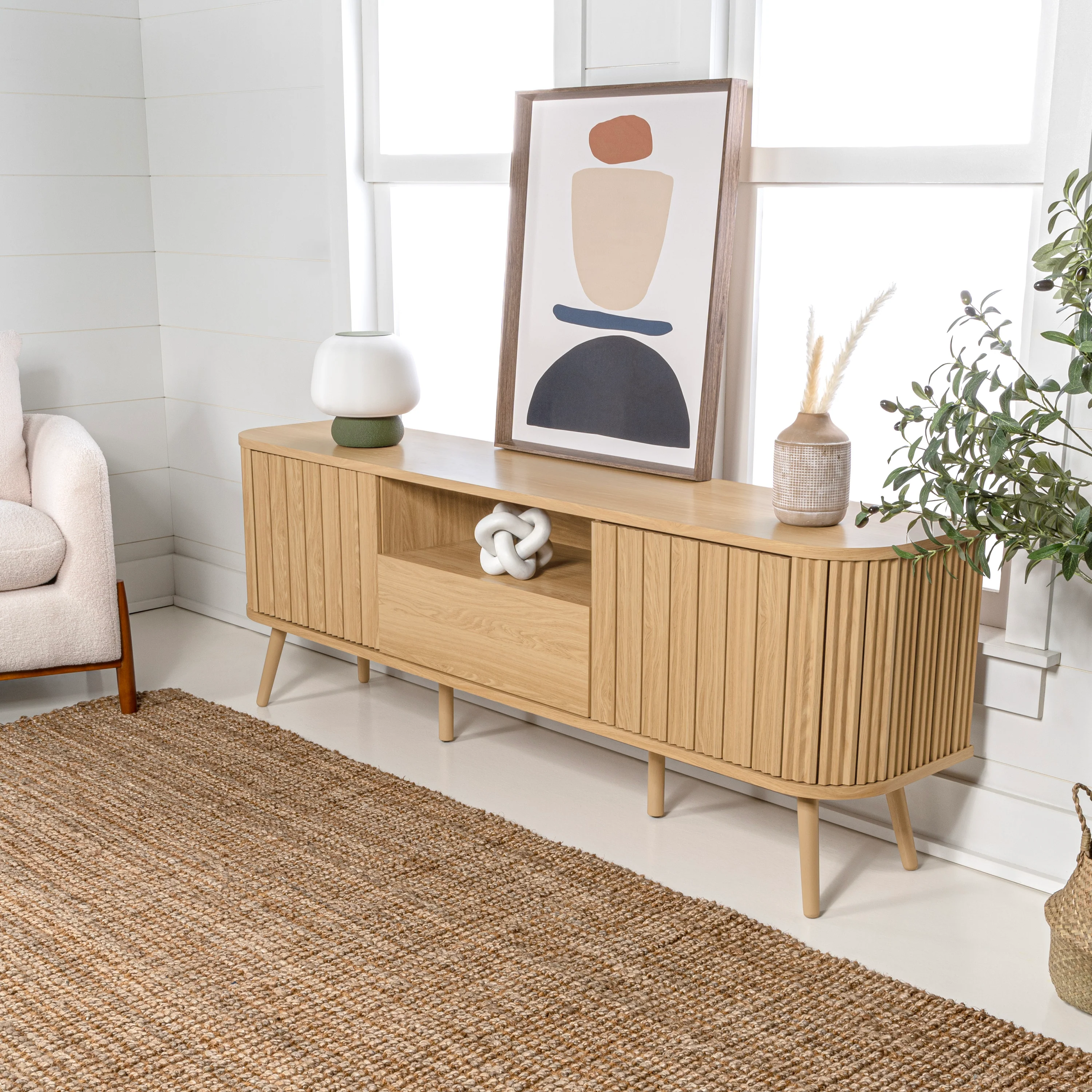 Damien Farmhouse Curved TV Stand with Drawer and Storage Doors Fits TVs up to 75 in. with Cable Management - Image 7