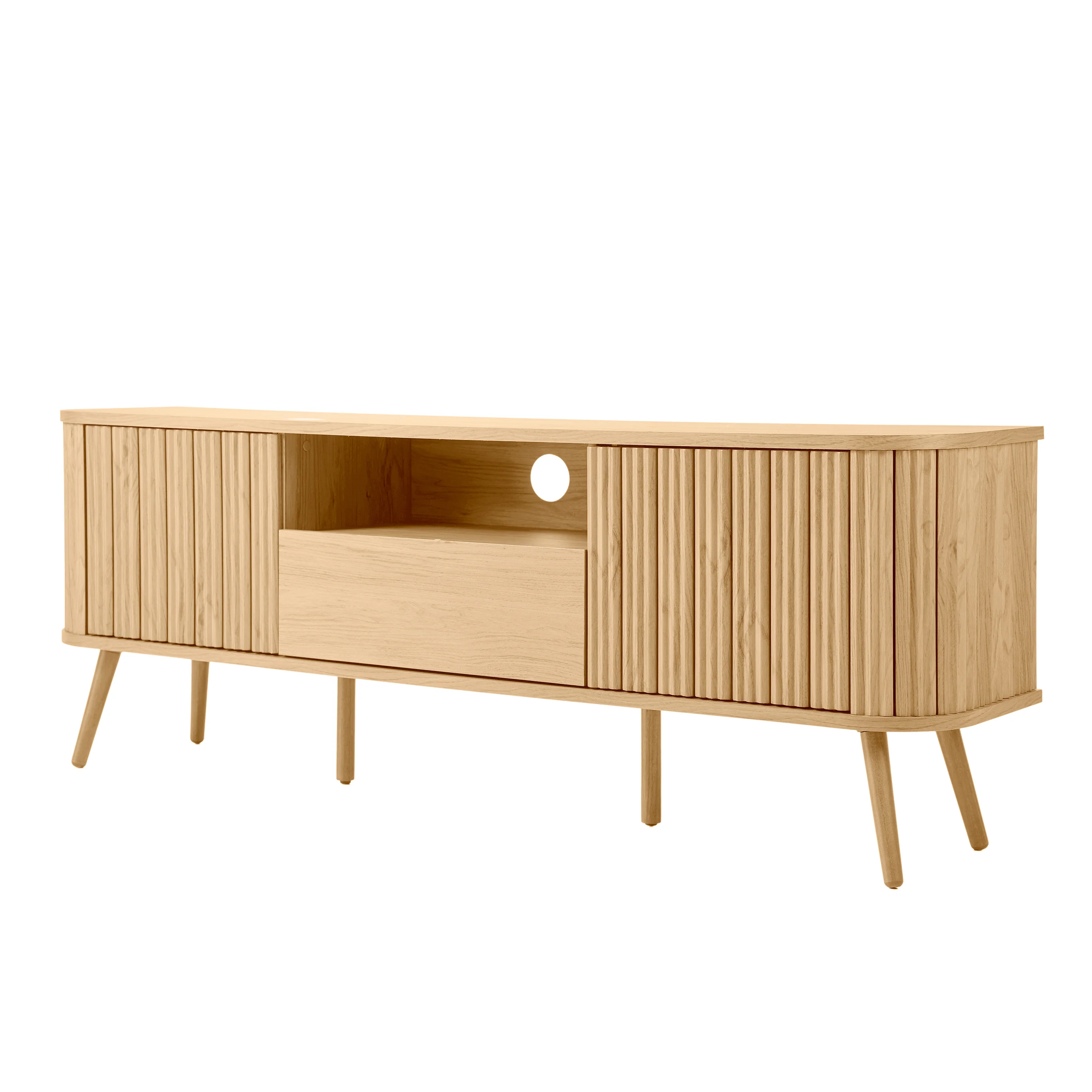 Damien Farmhouse Curved TV Stand with Drawer and Storage Doors Fits TVs up to 75 in. with Cable Management - Image 9