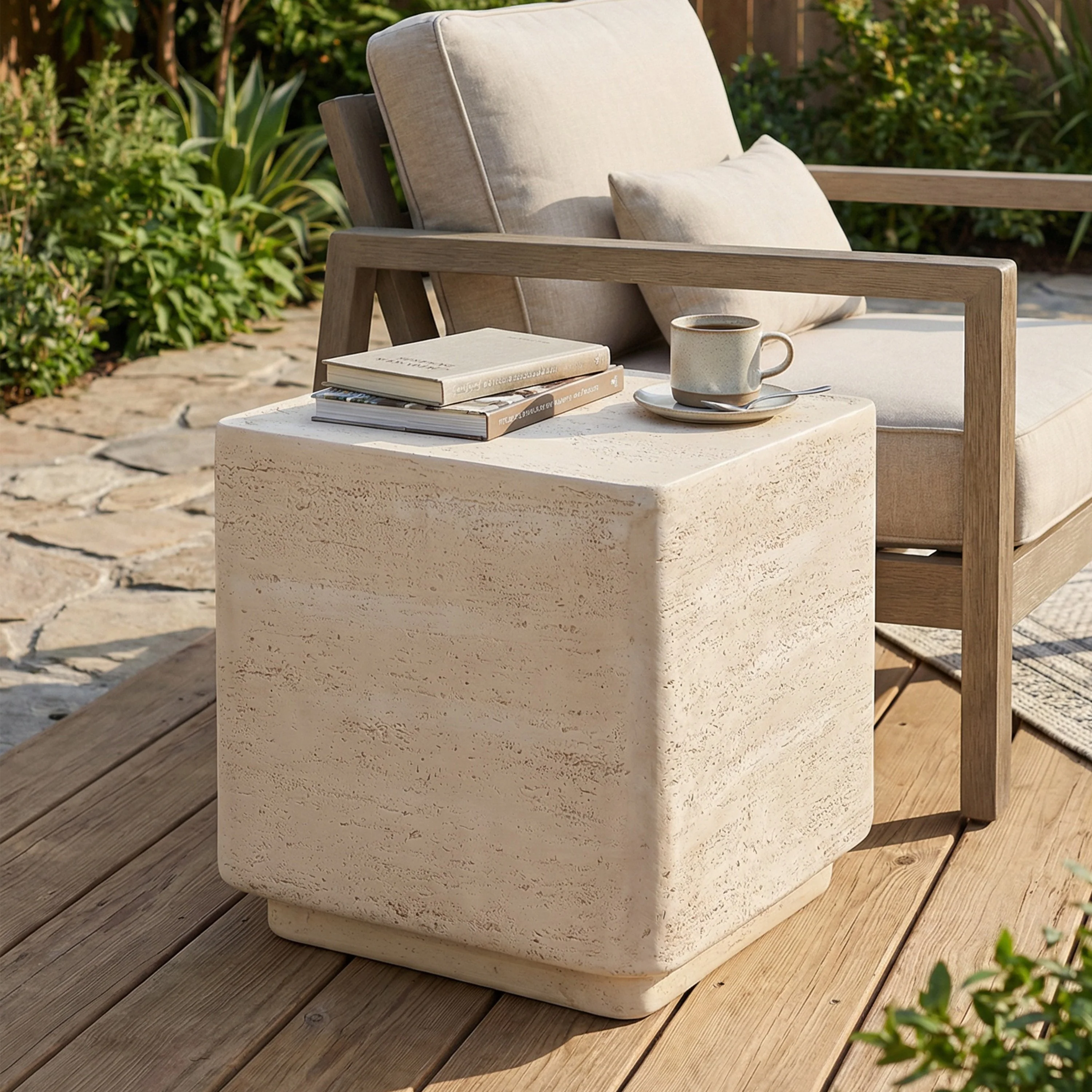 Daphne Outdoor Patio MGO Side Table Beige Travertine Finish - Image 2
