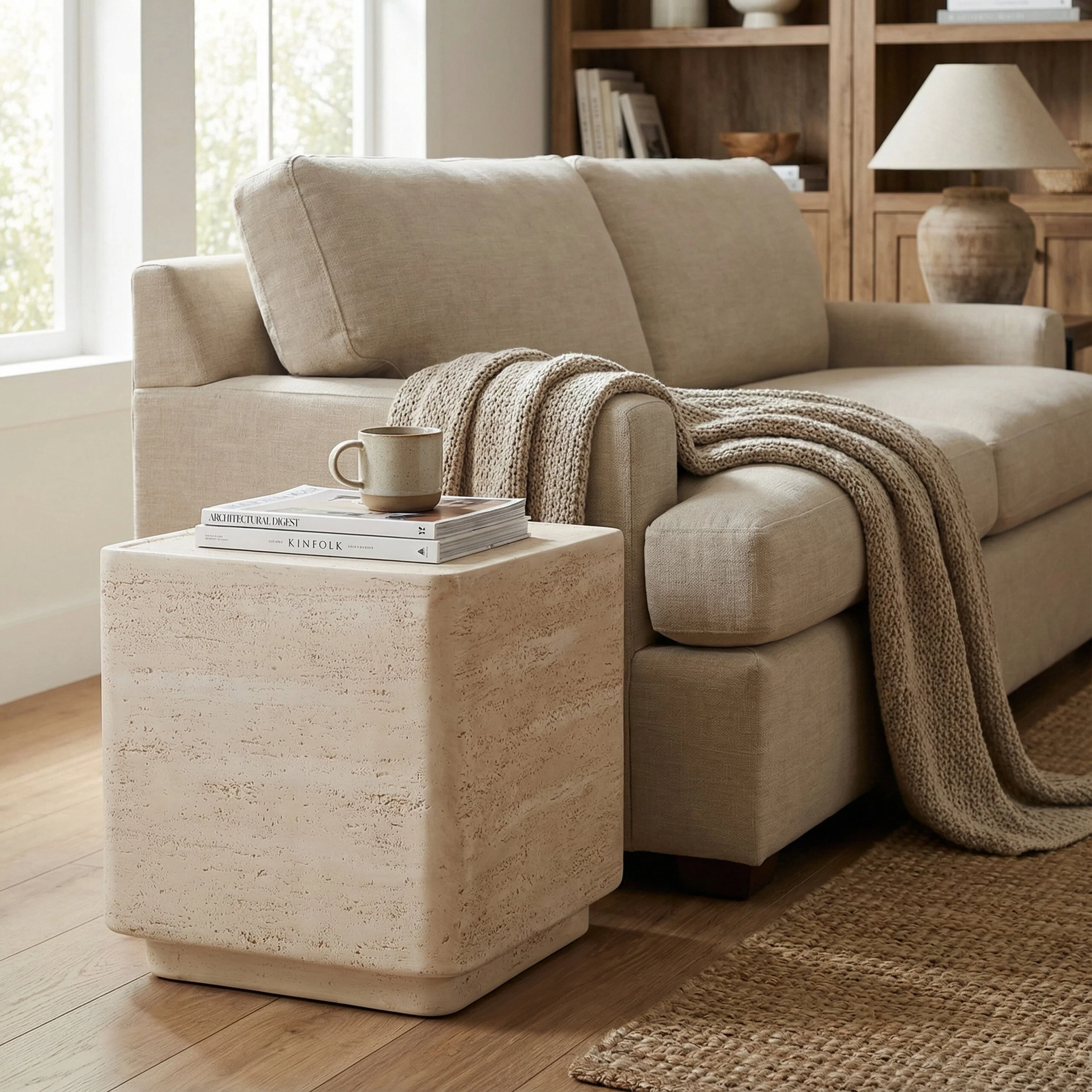 Daphne Outdoor Patio MGO Side Table Beige Travertine Finish - Image 3