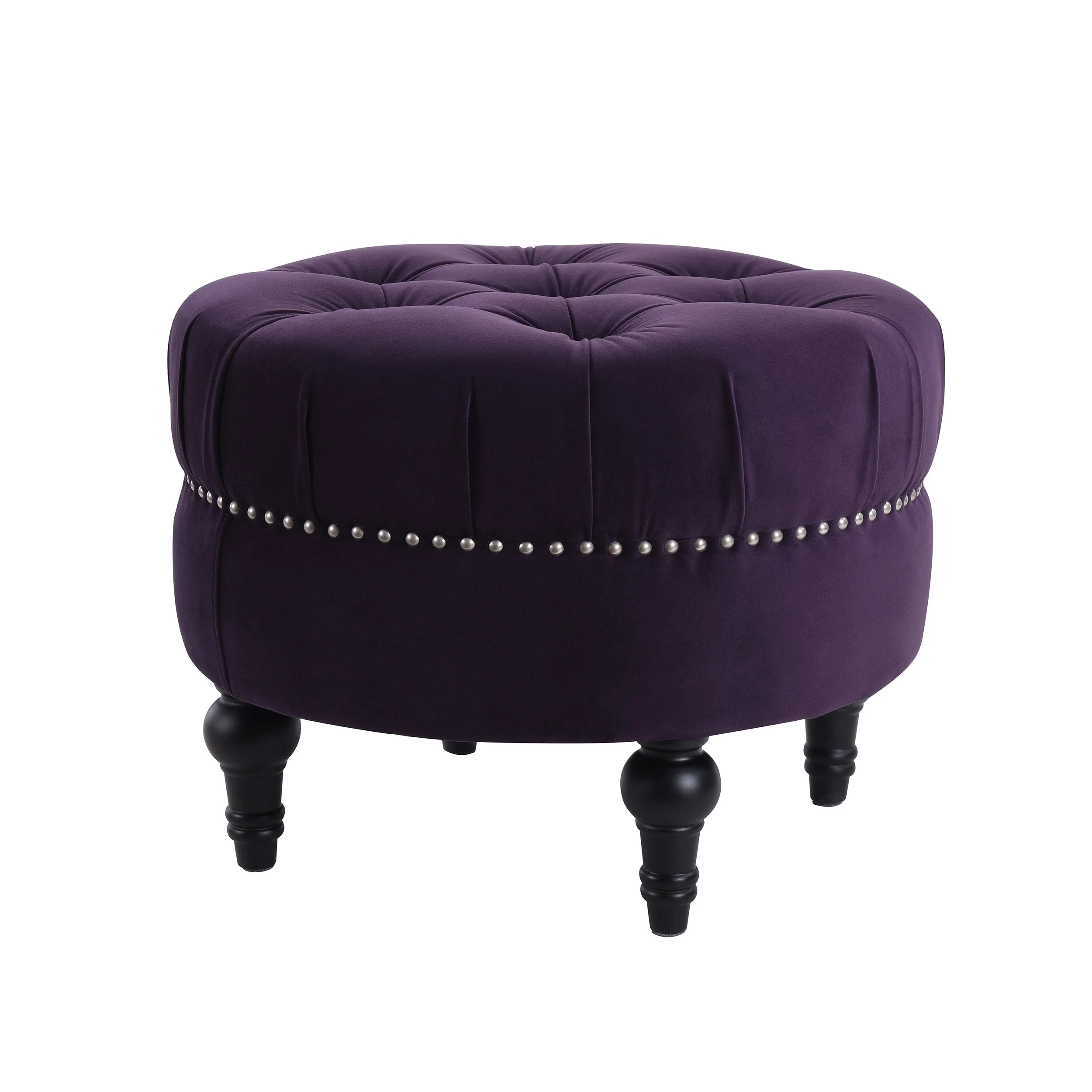 Dawn Tufted Round Ottoman in Purple Velvet with Nailhead Accents - Image 4