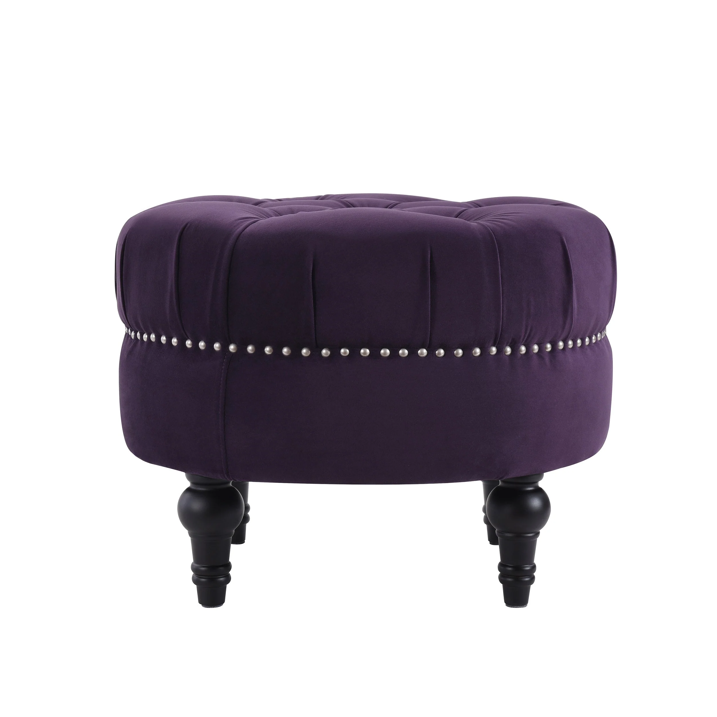 Dawn Tufted Round Ottoman in Purple Velvet with Nailhead Accents - Image 7