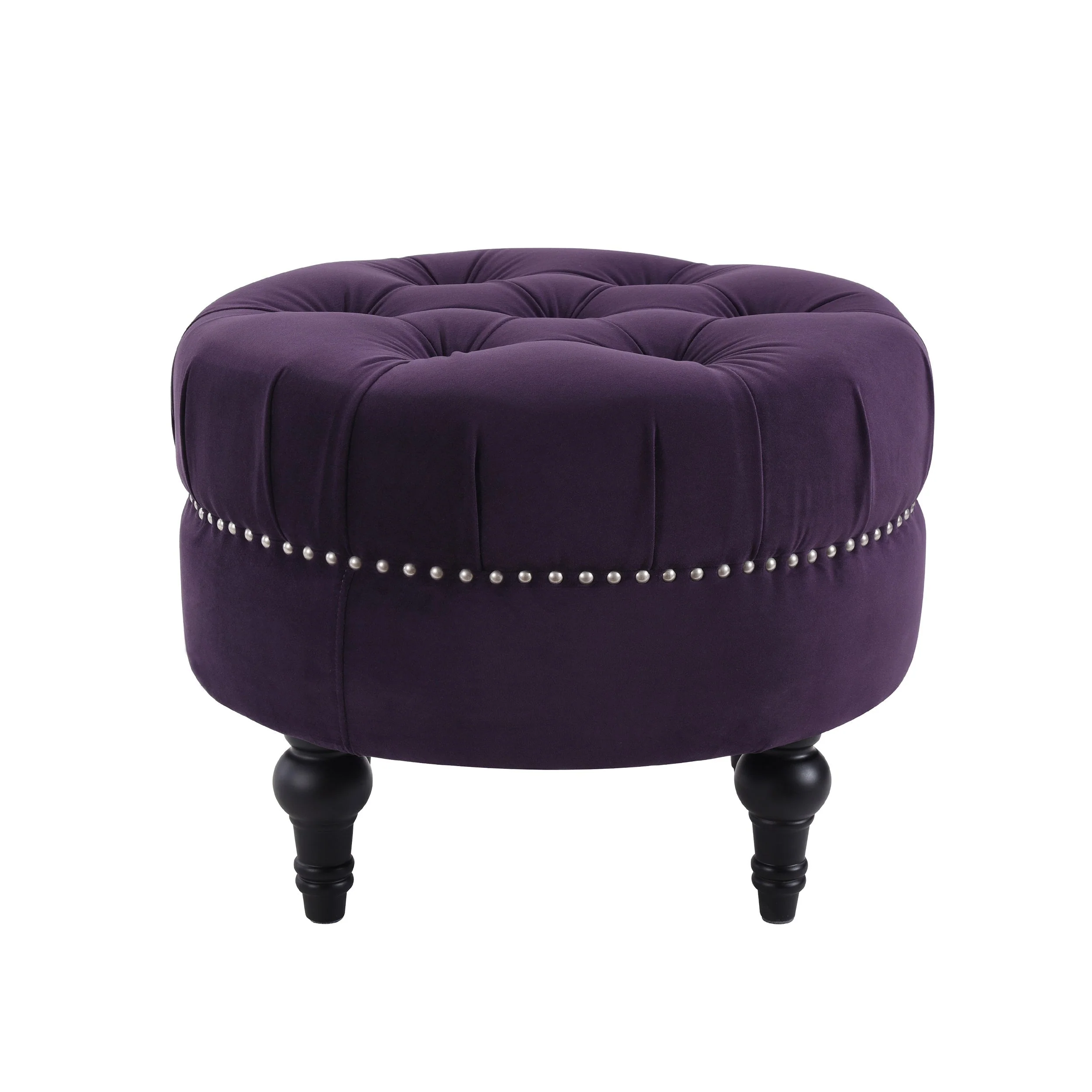 Dawn Tufted Round Ottoman in Purple Velvet with Nailhead Accents - Image 9