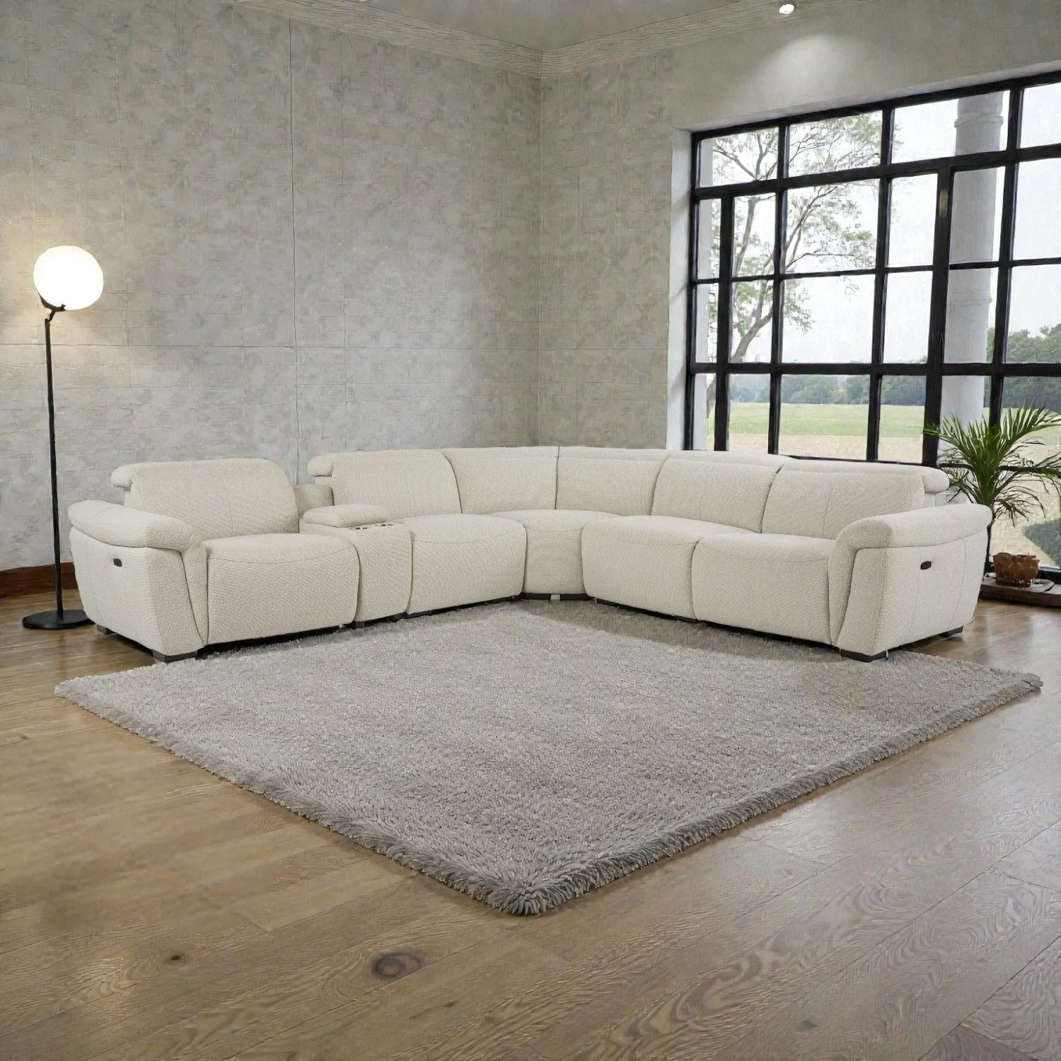 Dayana - Boucle Power Recliner Sectional Sofa For 5 People With Cupholder Console Adjustable Headrest - Beige - Image 2