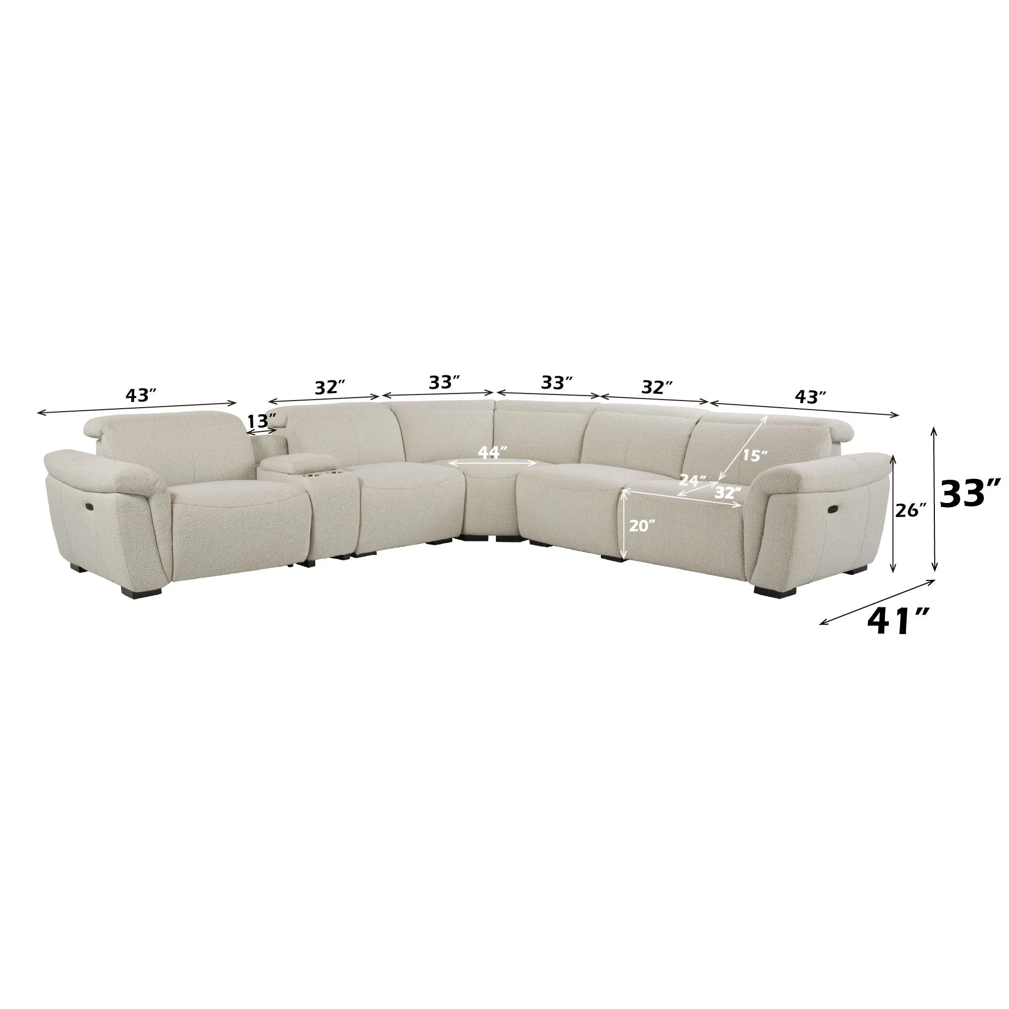 Dayana - Boucle Power Recliner Sectional Sofa For 5 People With Cupholder Console Adjustable Headrest - Beige - Image 3