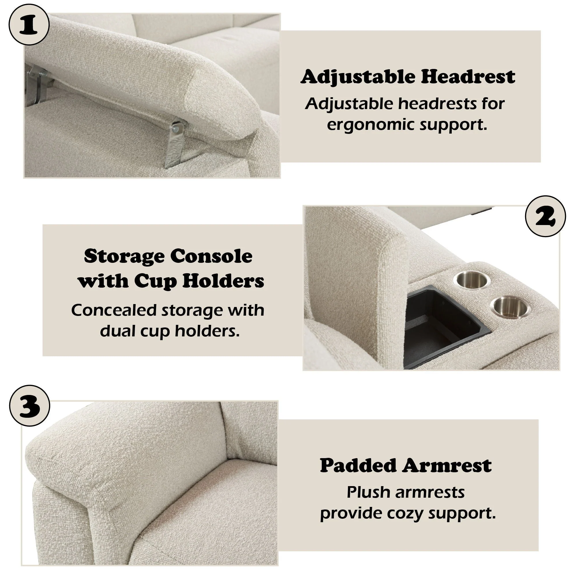 Dayana - Boucle Power Recliner Sectional Sofa For 5 People With Cupholder Console Adjustable Headrest - Beige - Image 4