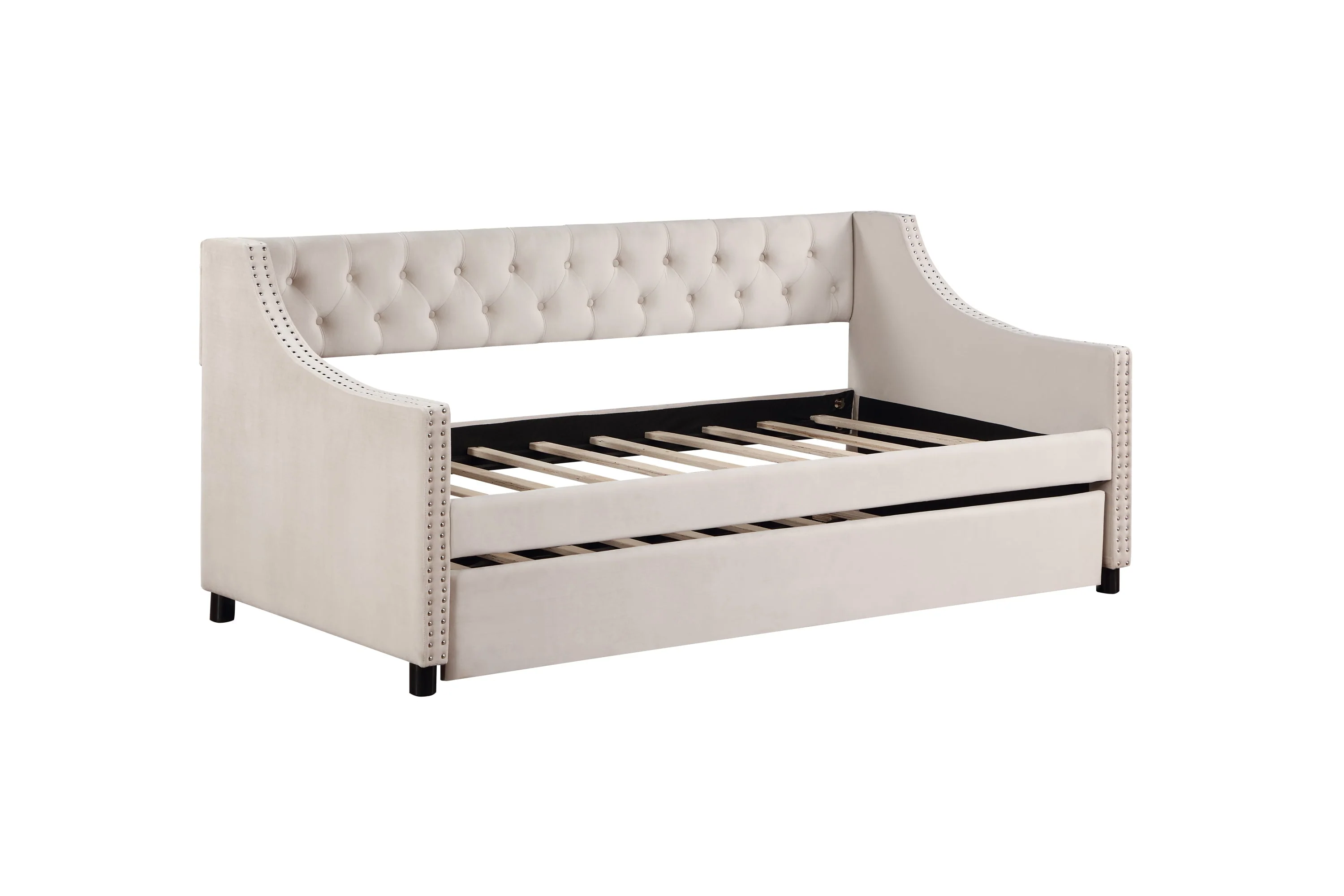 Daybed with Trundle Upholstered Tufted Sofa Bed Arms Full Size Beige - Image 2