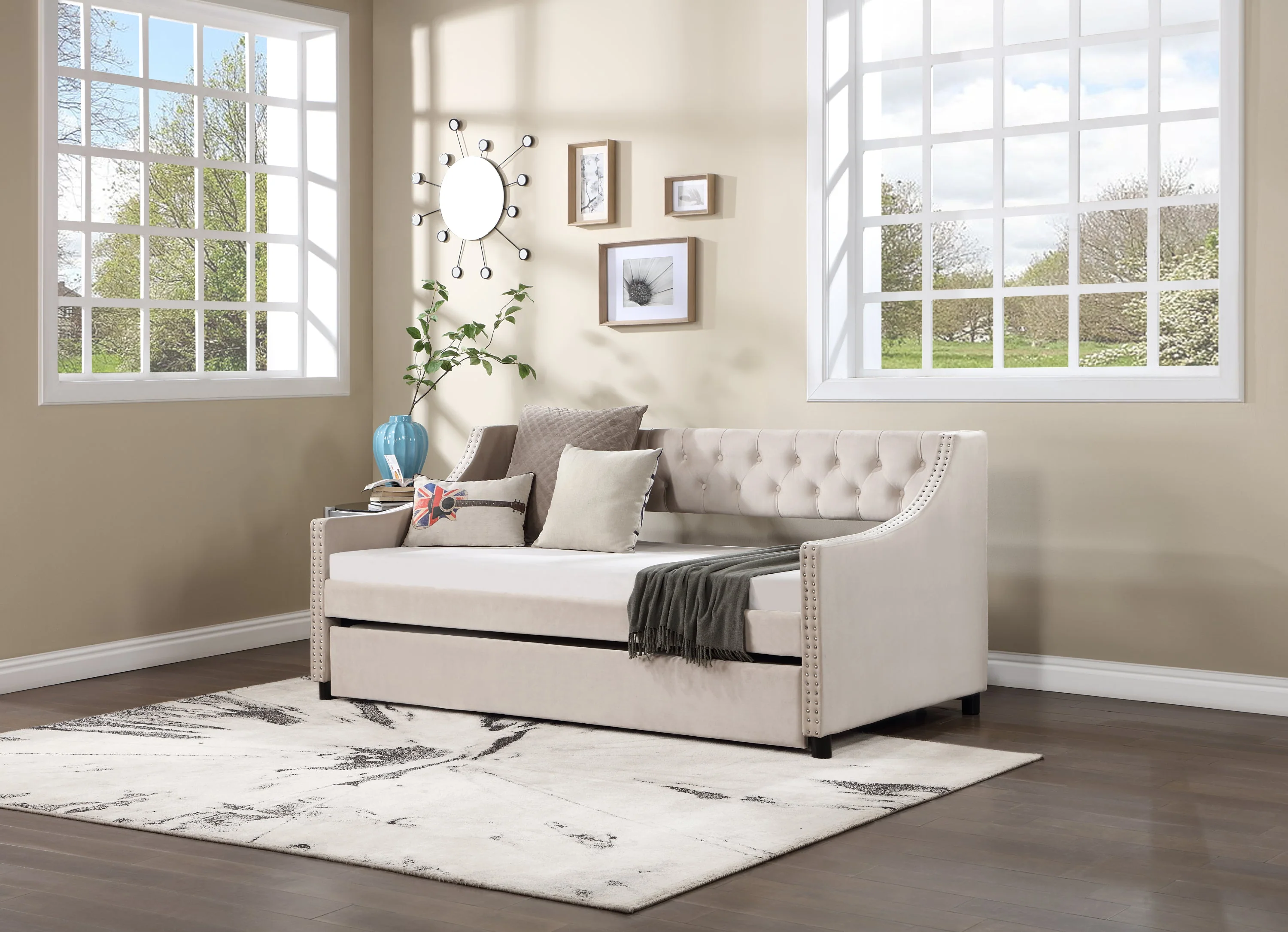 Daybed with Trundle Upholstered Tufted Sofa Bed Arms Full Size Beige - Image 3