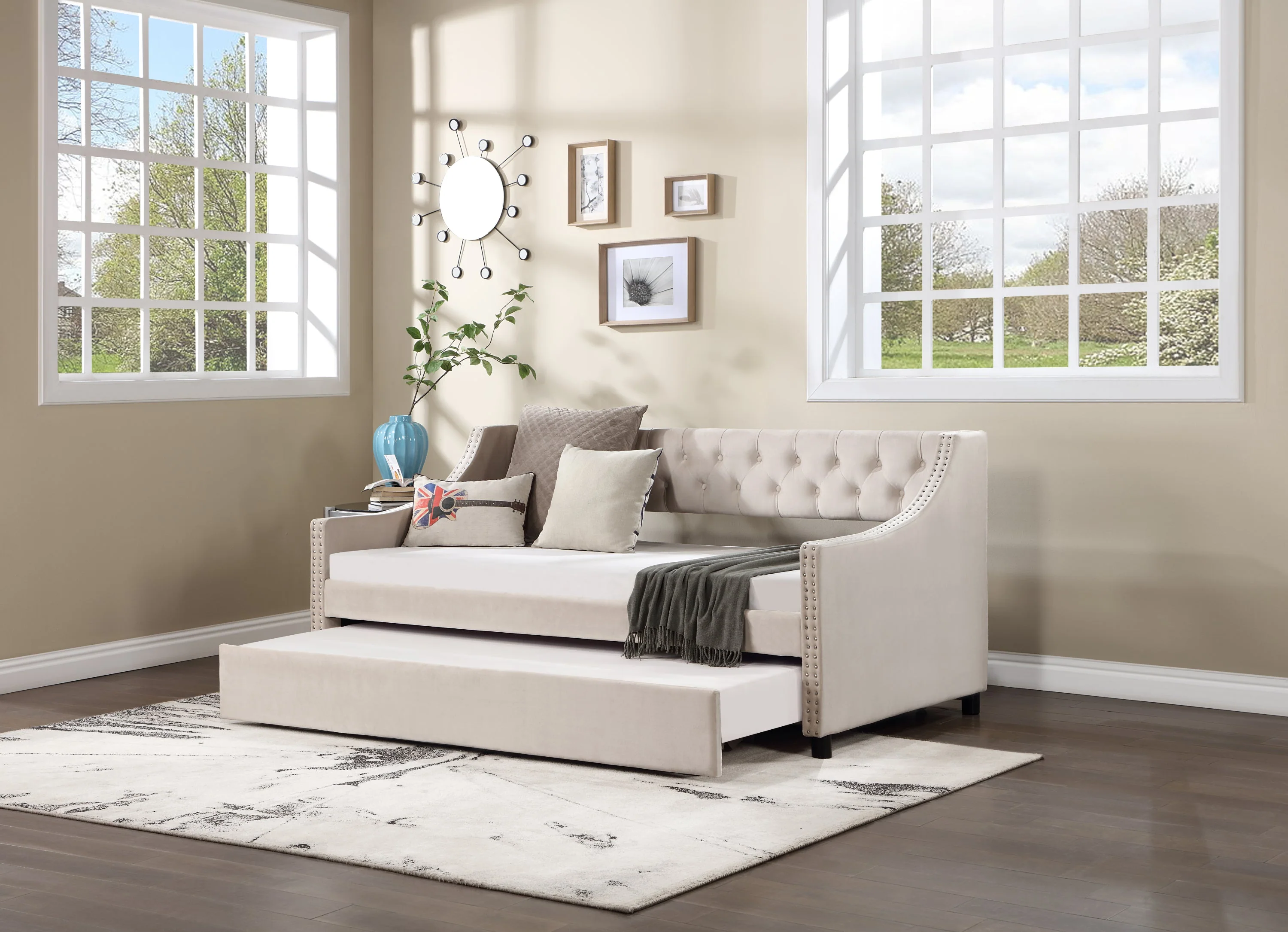 Daybed with Trundle Upholstered Tufted Sofa Bed Arms Full Size Beige - Image 4