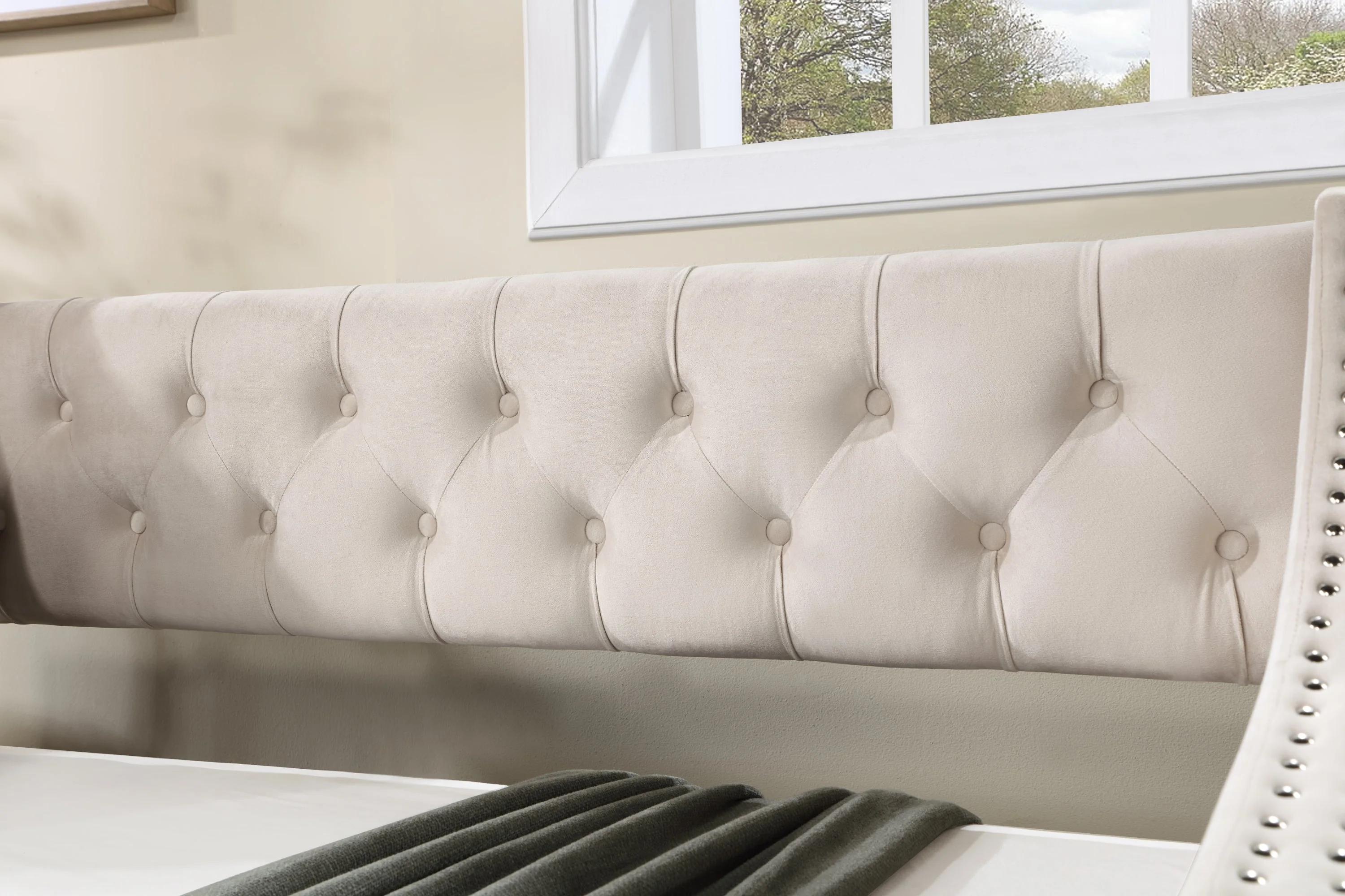 Daybed with Trundle Upholstered Tufted Sofa Bed Arms Full Size Beige - Image 5