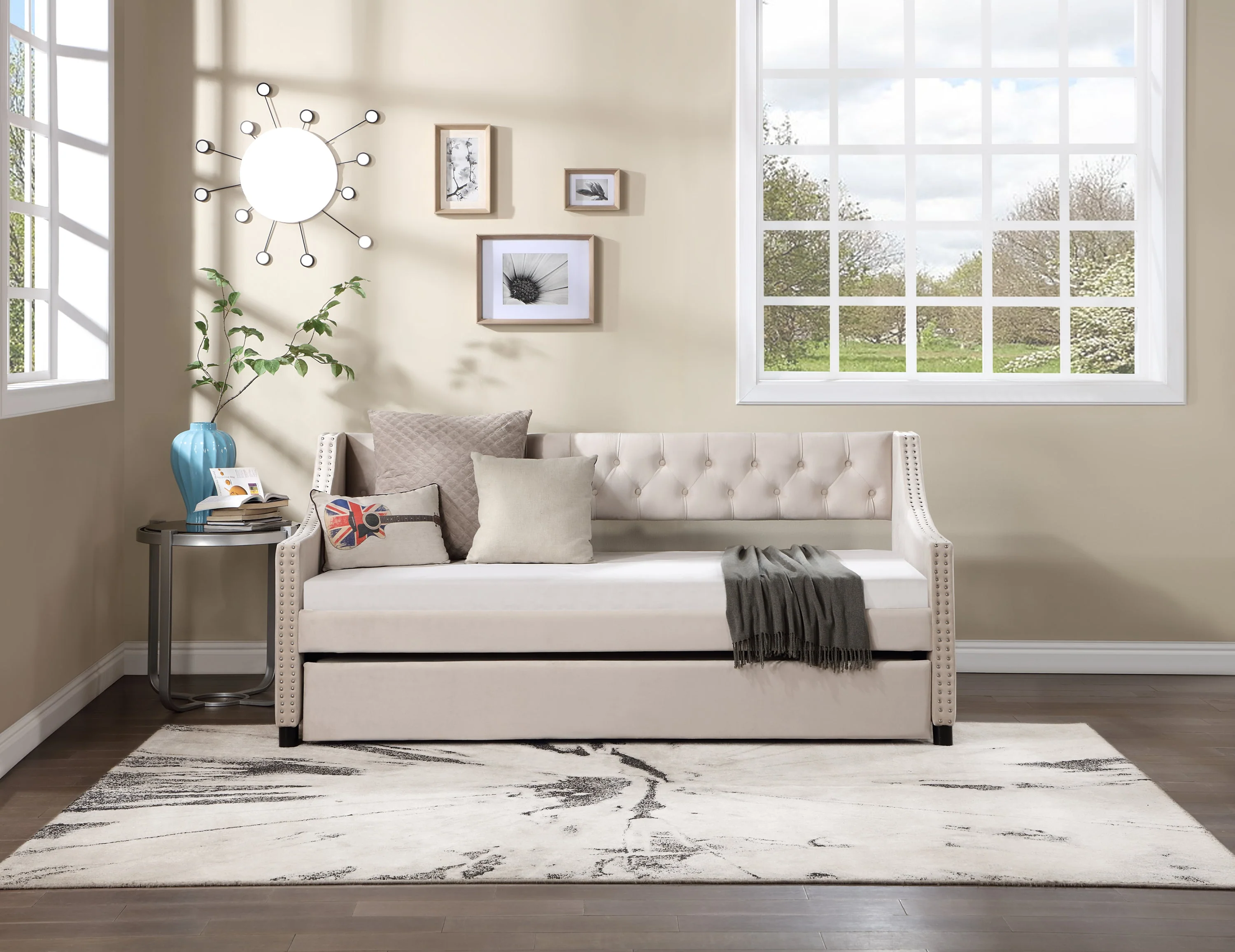 Daybed with Trundle Upholstered Tufted Sofa Bed Arms Full Size Beige - Image 6