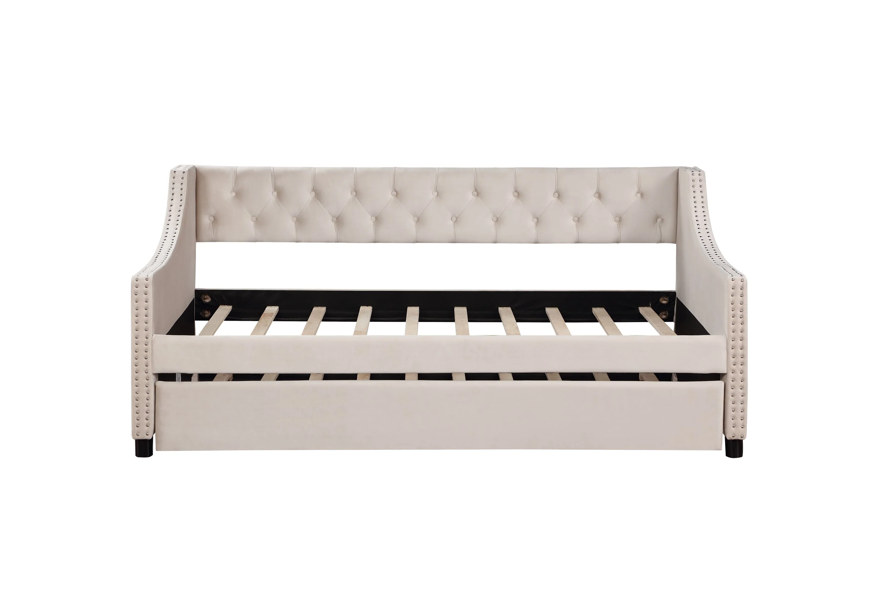 Daybed with Trundle Upholstered Tufted Sofa Bed Arms Full Size Beige - Image 7