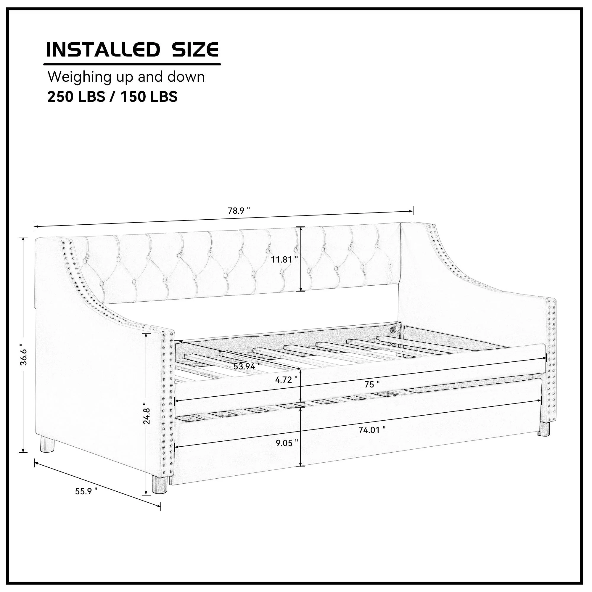 Daybed with Trundle Upholstered Tufted Sofa Bed Arms Full Size Beige - Image 9