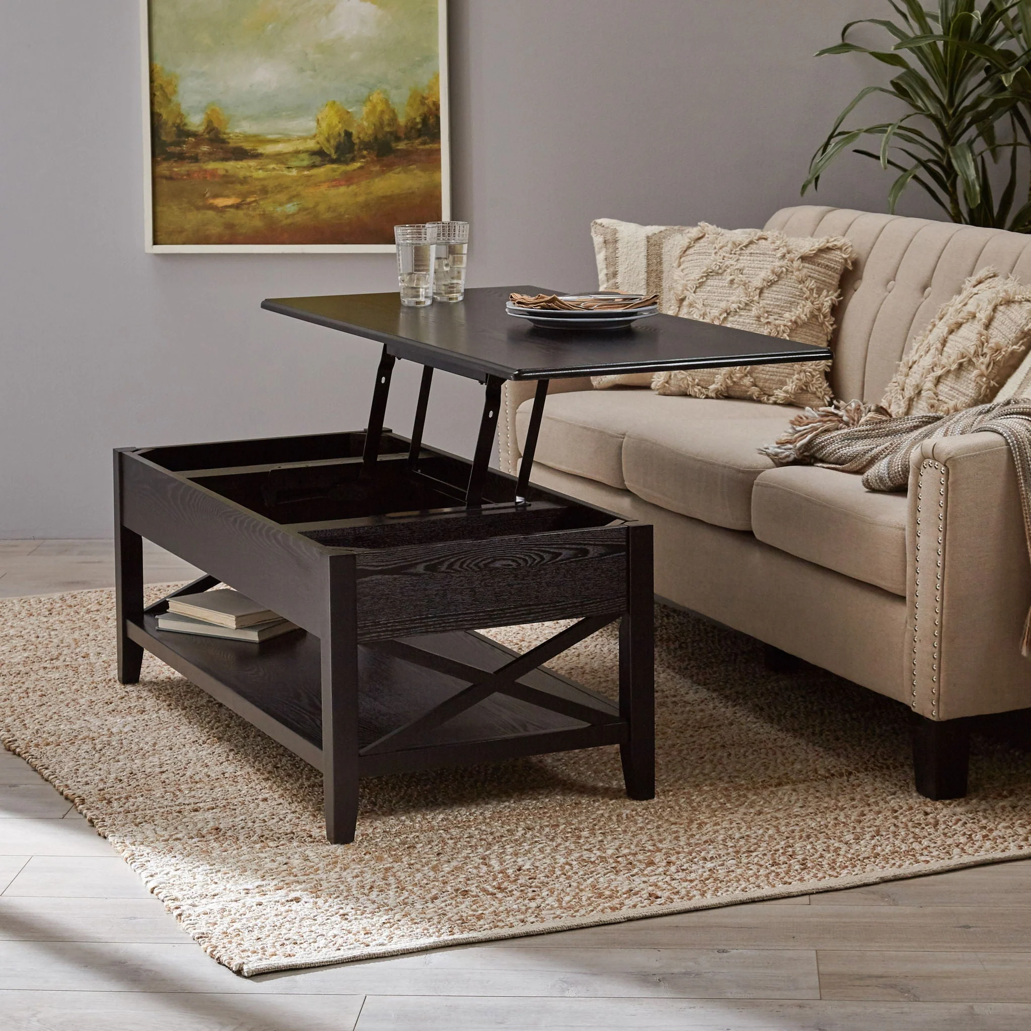 Decatur Farmhouse Lift Top Coffee Table with Storage - Black / Ash - Image 3