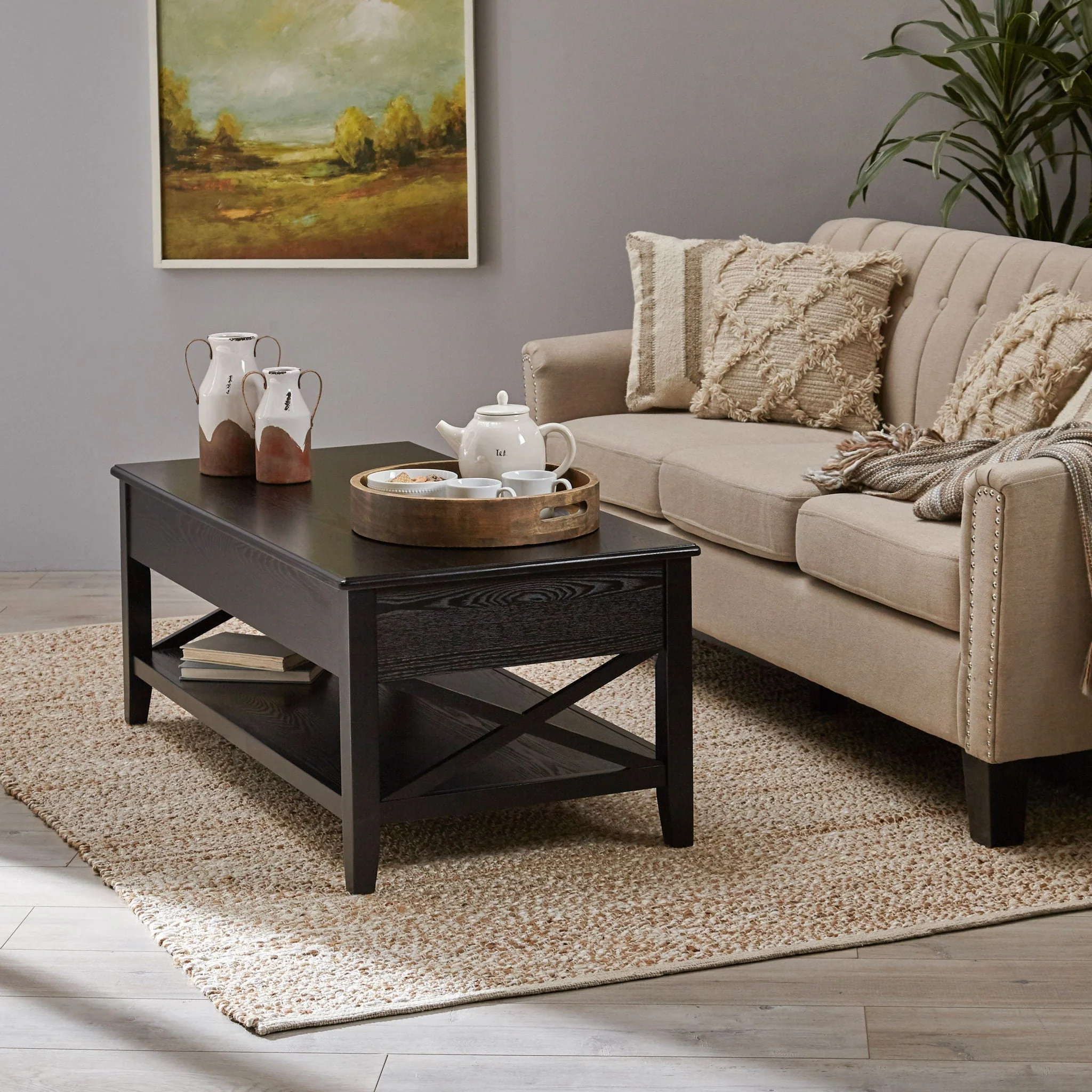 Decatur Farmhouse Lift Top Coffee Table with Storage - Black / Ash - Image 4