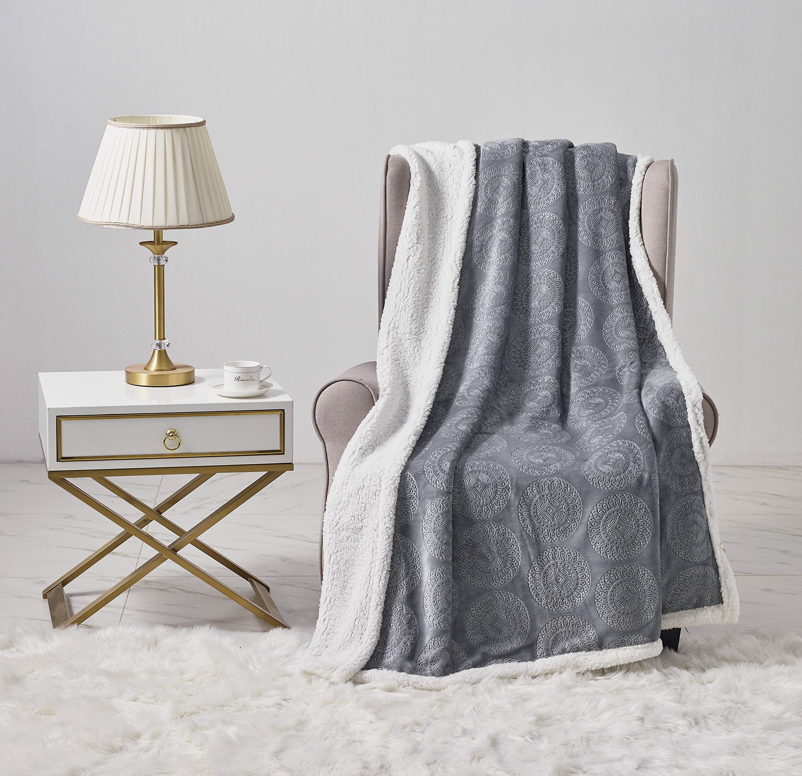 Decor&More Bon Iver Collection Extra Soft Mandala Embossed Microplush Throw Blanket with Sherpa Backing (50" x 60") - Image 12