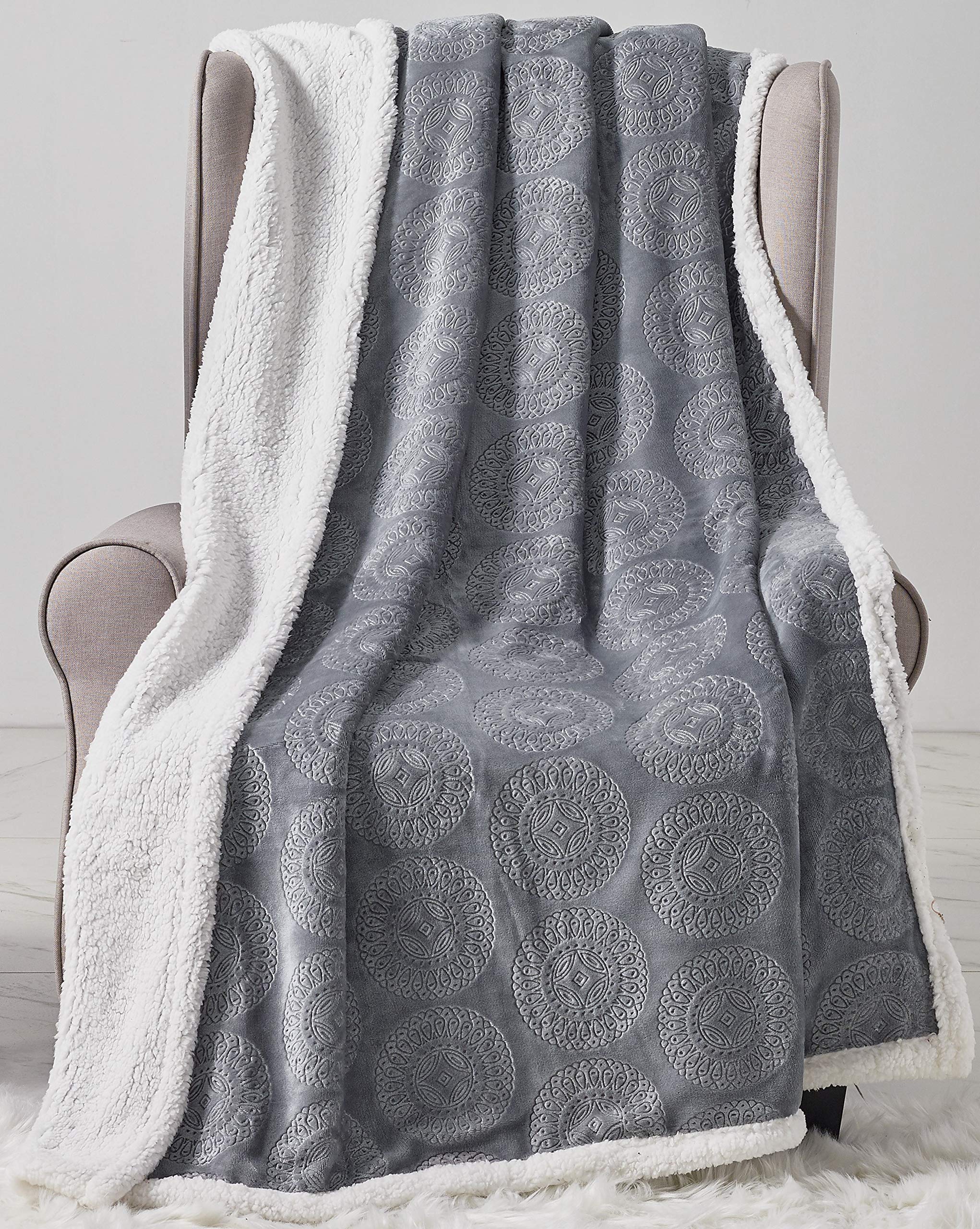 Decor&More Bon Iver Collection Extra Soft Mandala Embossed Microplush Throw Blanket with Sherpa Backing (50" x 60") - Image 4
