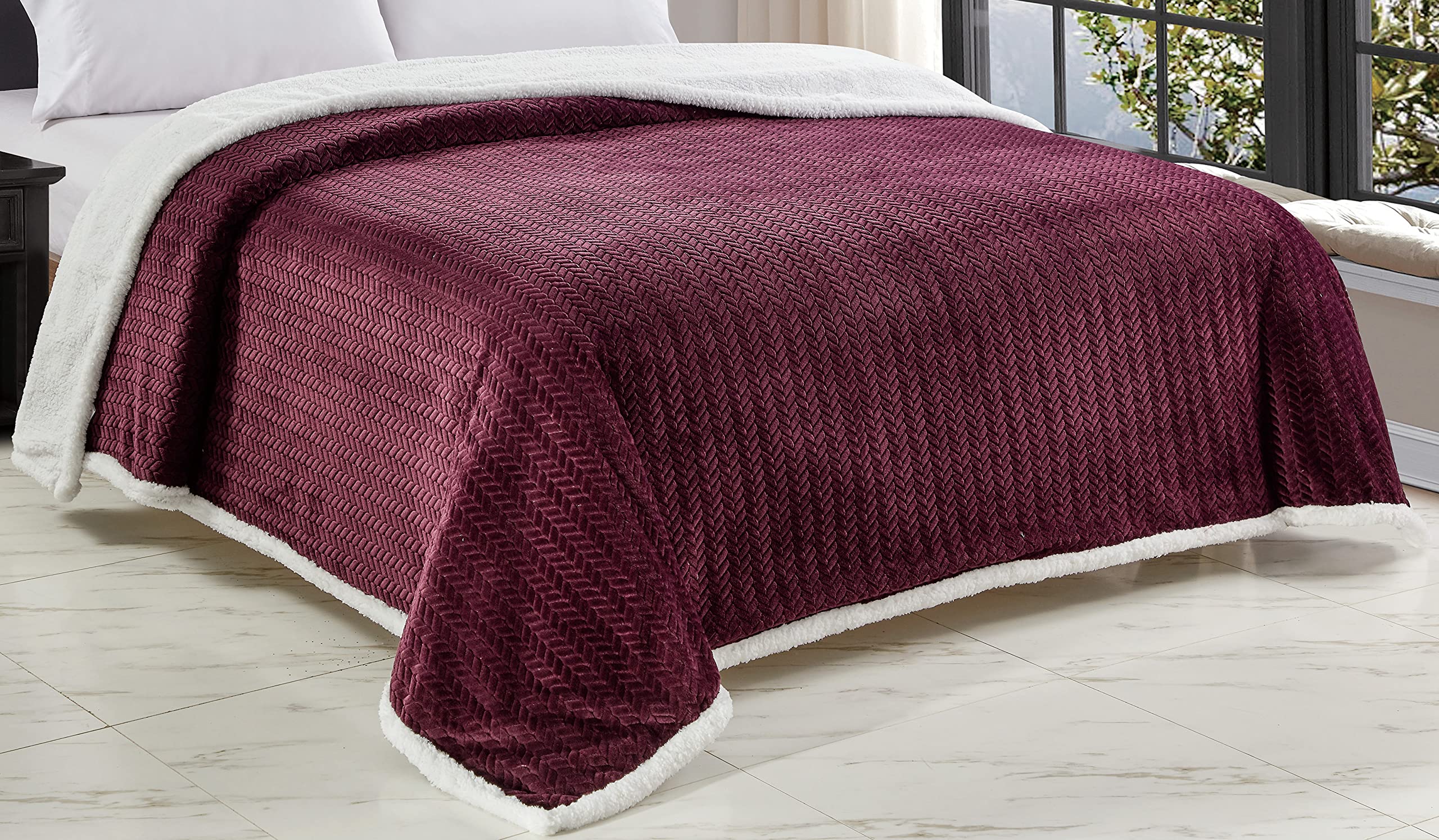 Decor&More HomeEssentials Extra Heavy and Plush Chevron Braided King Size Microplush Jacquard Blanket with Sherpa Backing (108" x 90") - Burgundy - Image 10
